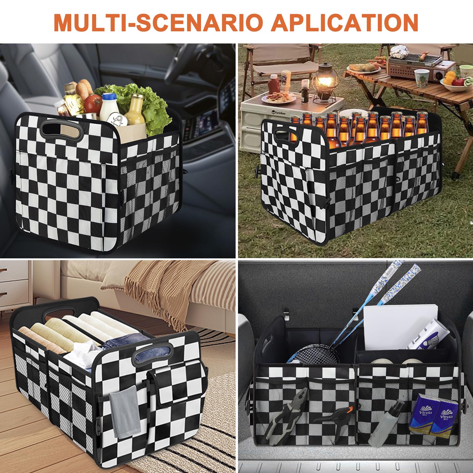 Collapsible Trunk Organizer for Car - Multi-Compartment Storage Accessory for SUV, Sedan & Minivan | Black Plaid Design | Perfect for Travel, Groceries & Road Trips
