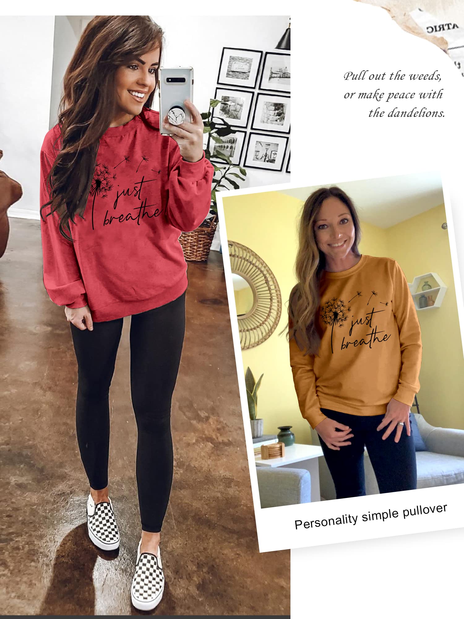 Ezcosplay Women's Dandelion Graphic T-Shirt - Just Breathe Letter Print Long Sleeve Sweatshirt - Casual Streetwear for Everyday Comfort & Yoga Outfits