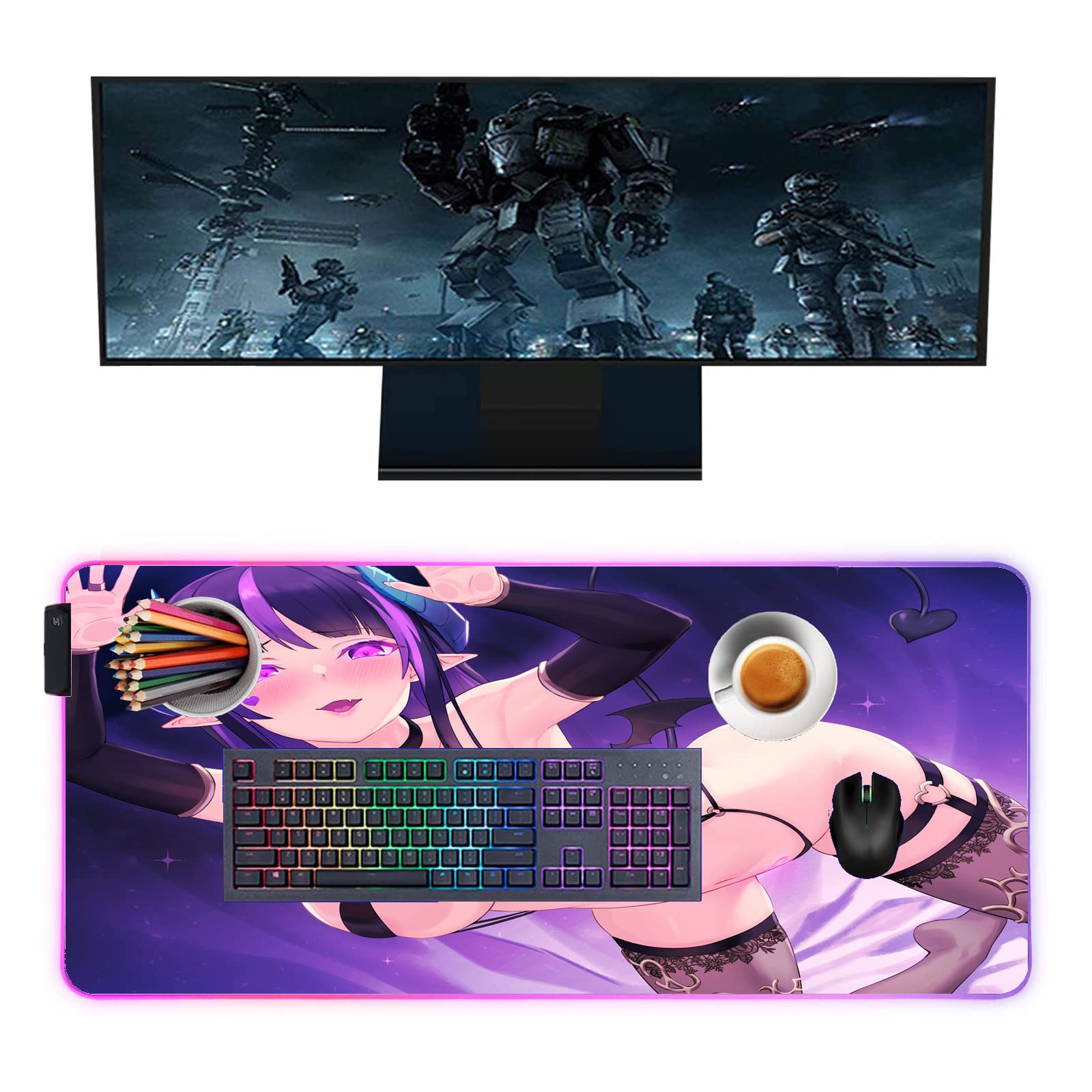 Anime Girl Gaming Mouse Pad - XXL 24x12 Inch RGB LED Glowing Desk Mat for PC & Keyboard | Non-Slip Computer Mousepad for Gamers & Office Use | Perfect for Gaming Setups, Workstations & Home Offices