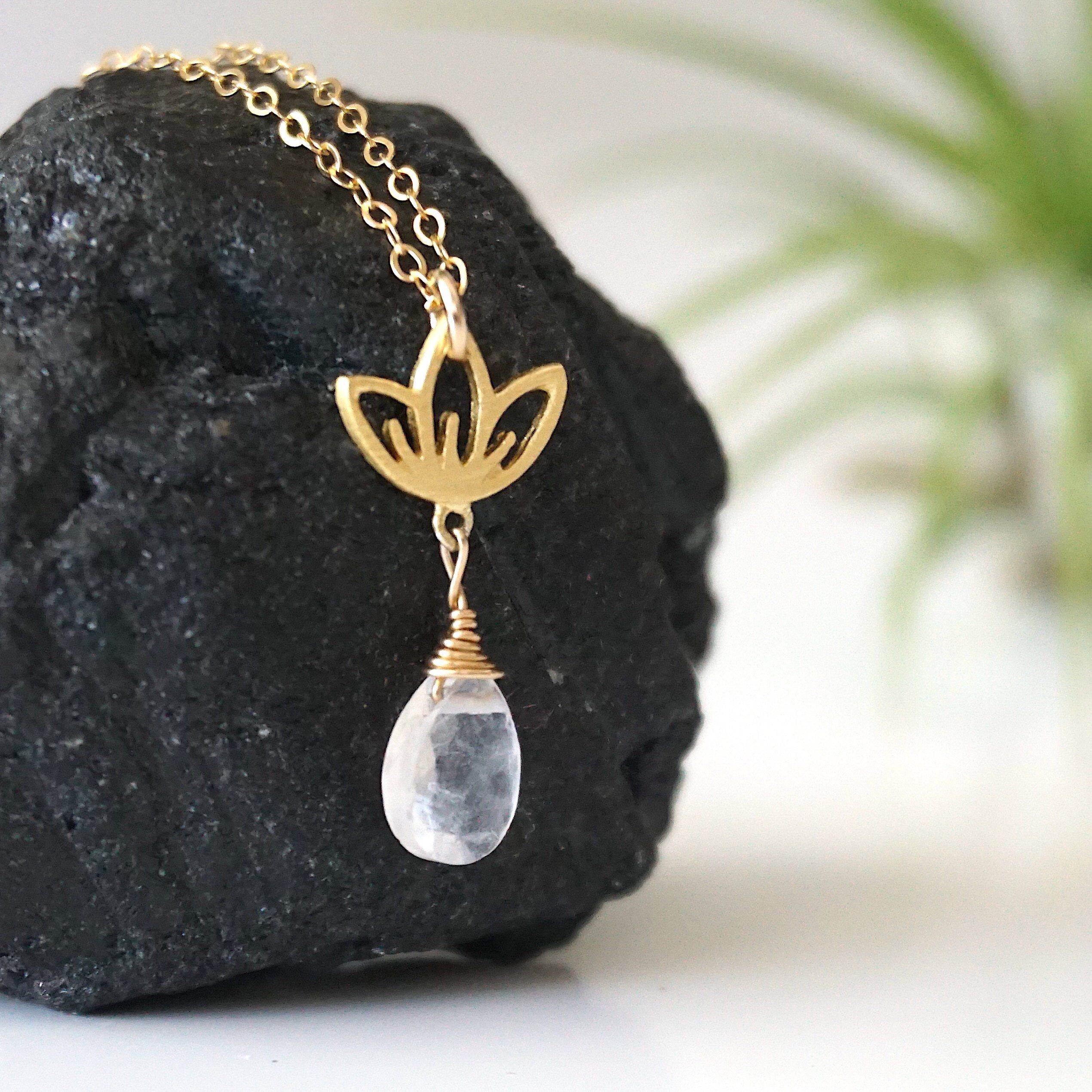 Rainbow Moonstone Necklace with Drop Lotus Charm - 14K Gold Filled Jewelry for Women, Elegant Boho Pendant Necklace for Everyday Wear & Special Occasions