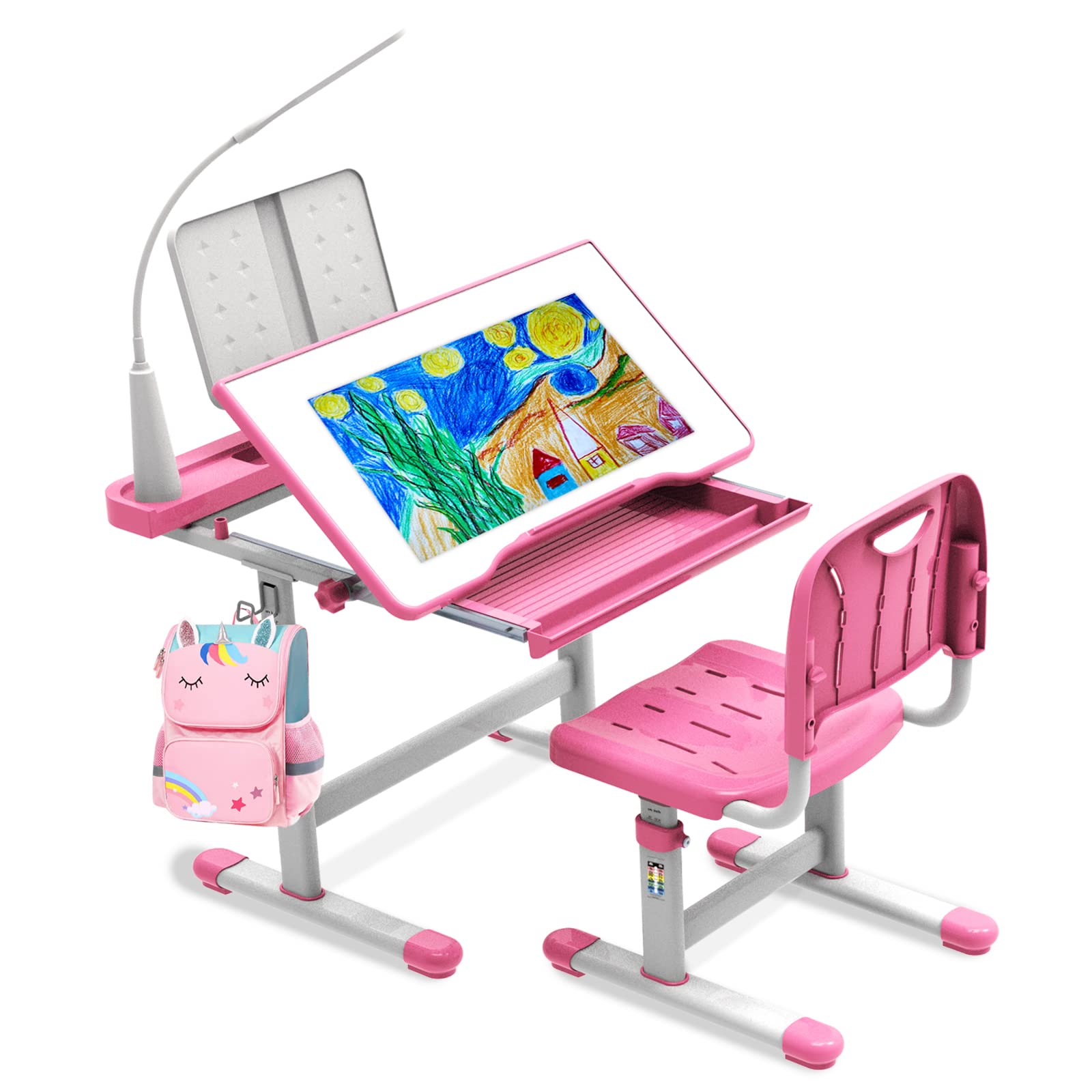 BELANITAS Kids Study Desk and Chair Set with 40° Adjustable Tilt Desktop, Storage Drawer & 3-Level LED Light - Ergonomic Children's Learning Table for Homework, Drawing & Reading - Perfect Back to School Gift (Pink)