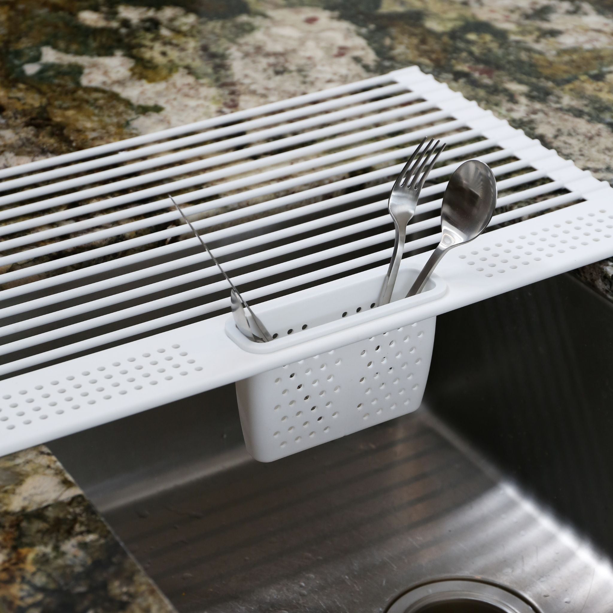 Foldable Dish Drying Rack with Cutlery Holder - Space Saving Kitchen Organizer for Countertop, White | Perfect for Small Apartments, RVs & Compact Kitchens