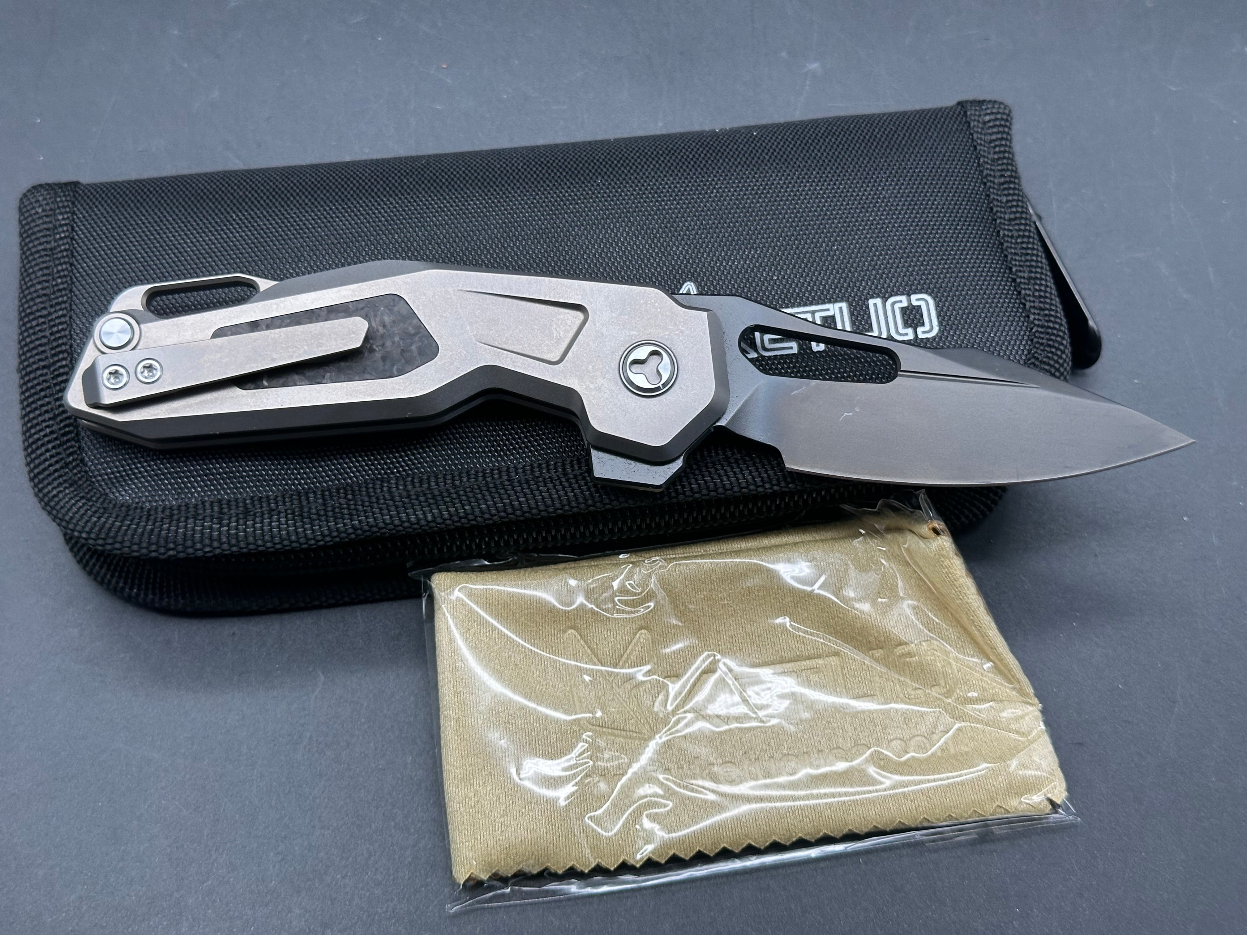 Ketuo Knives Mini Griffin Folding Pocket Knife - Grey Silver Milled Titanium Frame with Shred Carbon Fiber Inlays | EDC Gear, Outdoor Survival Tool, Camping & Everyday Carry Accessory