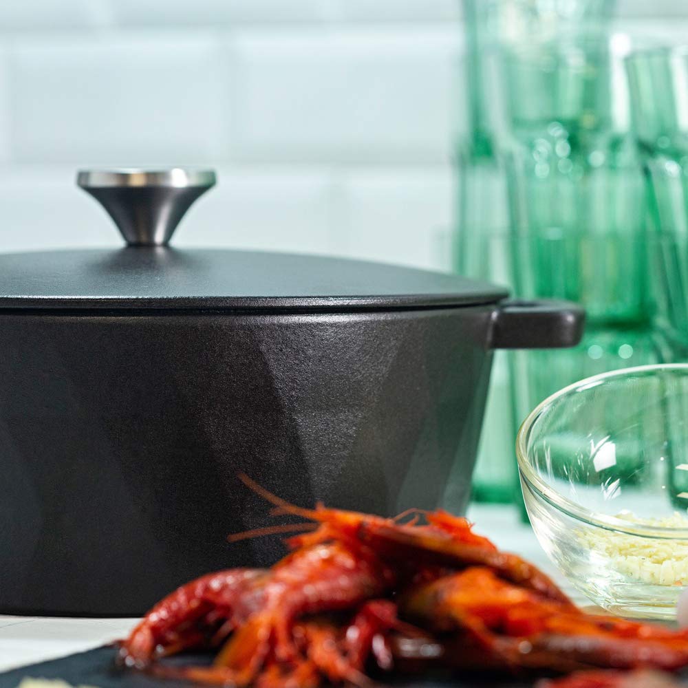 26cm Satin Black Enameled Cast Iron Dutch Oven - 5.2L Diamond Cocotte for Induction, Stovetop & Oven - Perfect for Braising, Baking & Slow Cooking