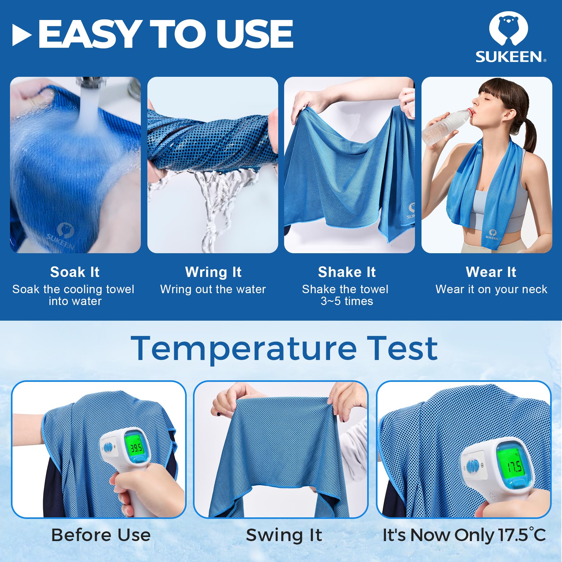 Sukeen 4 Pack Cooling Towels for Neck & Face - Lightweight Microfiber Sweat Towels | Soft, Breathable & Quick-Drying | Perfect for Workout, Yoga, Golf, Gym, Camping, Running & Outdoor Sports (40