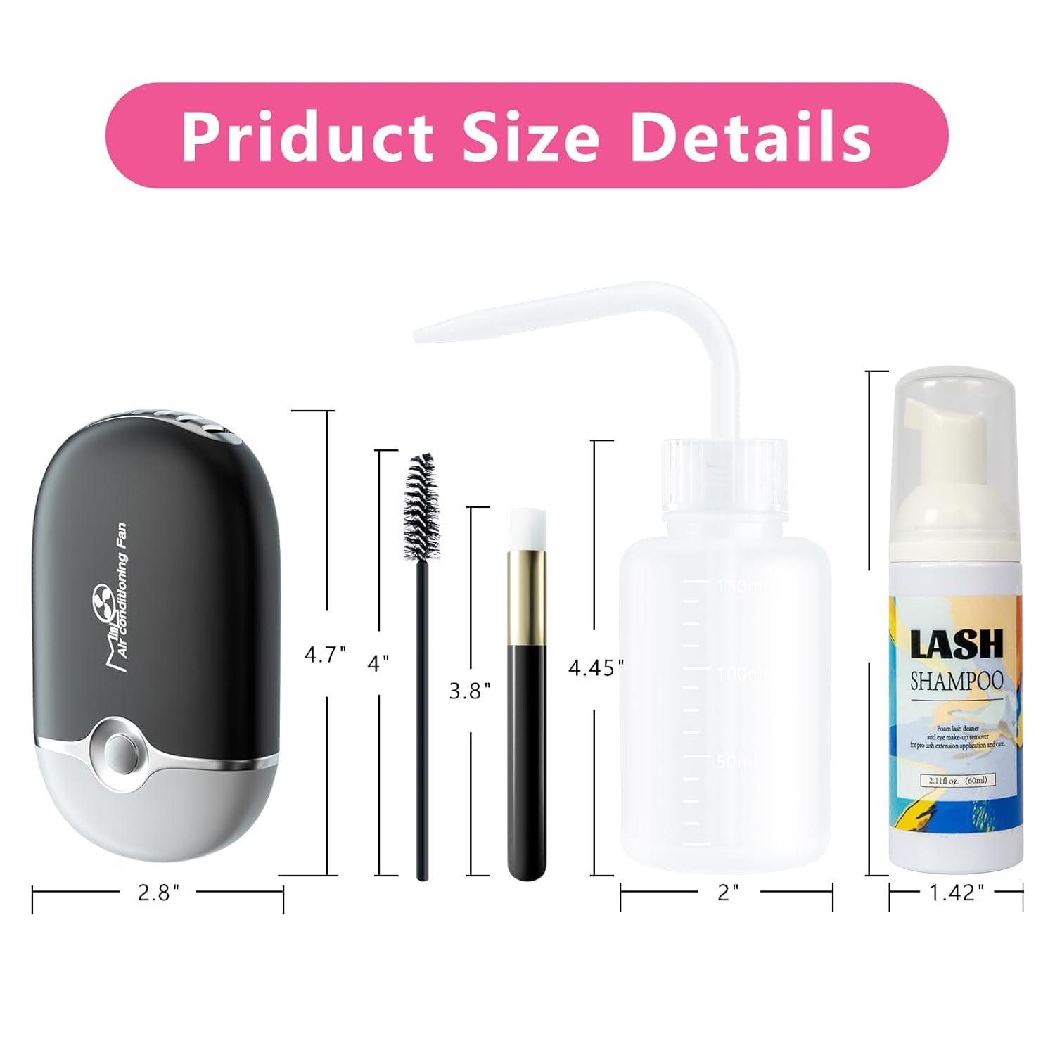 Buqikma Lash Shampoo for Eyelash Extensions - 2.11 Fl Oz Mini Lash Fan with 50 Pcs Eyelash Brushes & Rinse Bottle - Gentle Foam Cleanser for Lash Extension Care at Home (Black) | Perfect for Salon Professionals & DIY Lash Maintenance