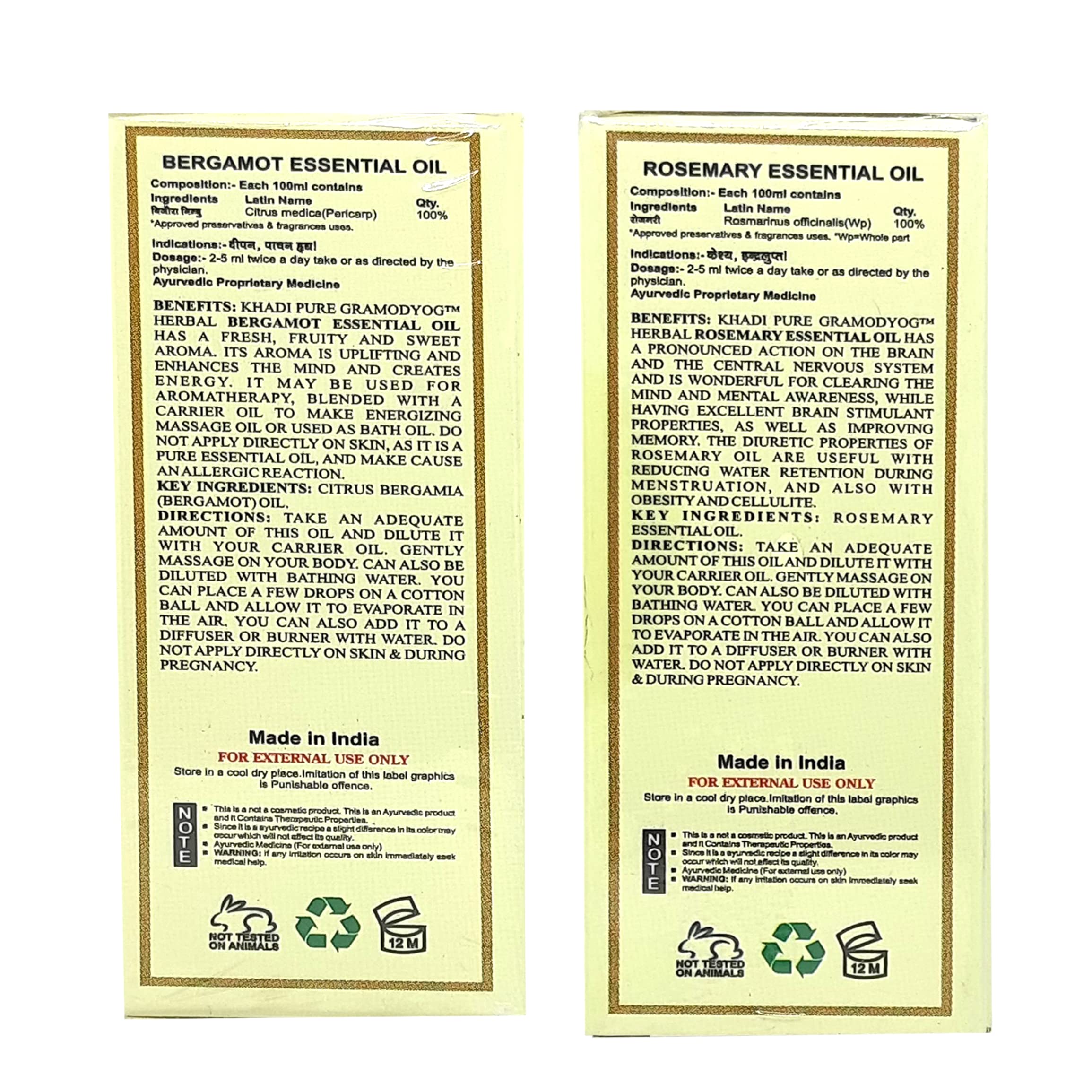 Khadi Pure Bergamot & Rosemary Essential Oil - 15ml (Pack of 2) for Aromatherapy, Massage & Relaxation - 100% Natural Therapeutic Grade Essential Oils for Diffusers, Skincare & Home Fragrance