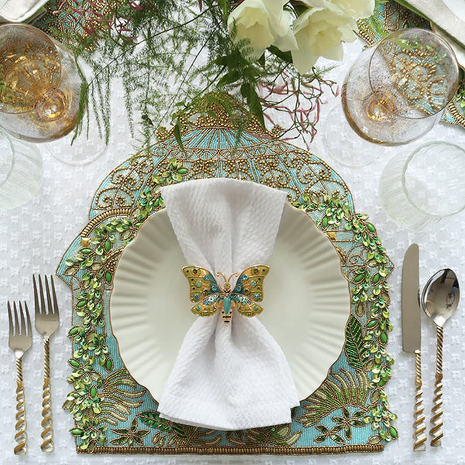 Kim Seybert Arbor Napkin Rings - Set of 4, Blue & Green, Elegant Table Setting for Dinner Parties & Holiday Decor