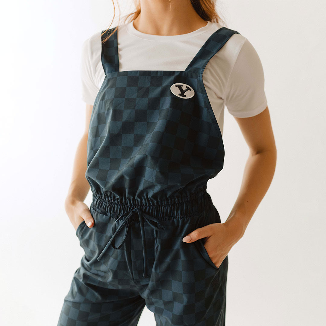 BYU Audrey Trouser Overalls for Women - Stylish Blue Check Denim Jumpsuit, Casual & Comfortable Overalls for Everyday Wear, Work or Outdoor Activities