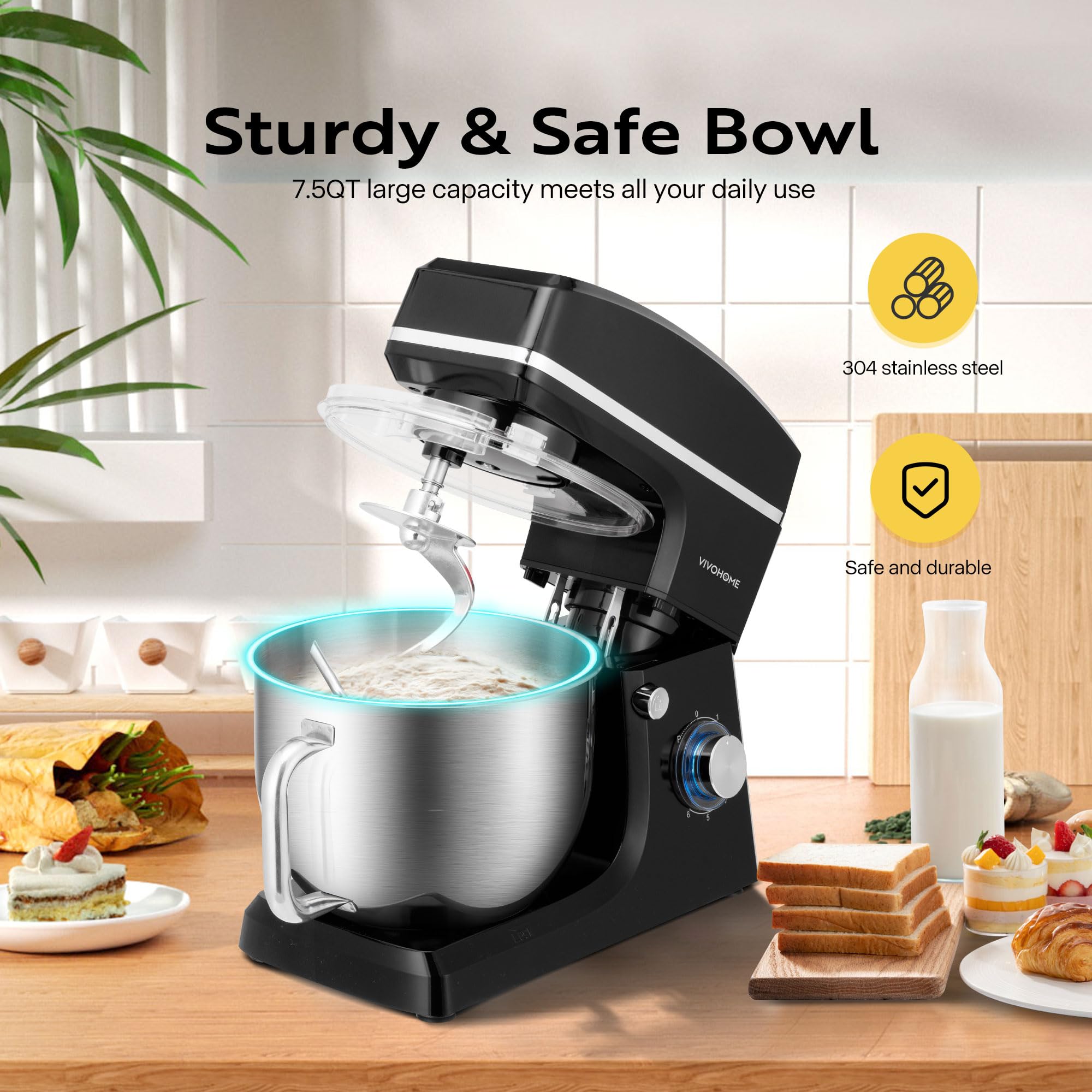 VIVOHOME 7.5 Quart Stand Mixer - 660W 6-Speed Tilt-Head Electric Kitchen Mixer with Beater, Dough Hook, Wire Whip & Egg Separator - Perfect for Baking Cakes, Cookies, Bread & More - Black