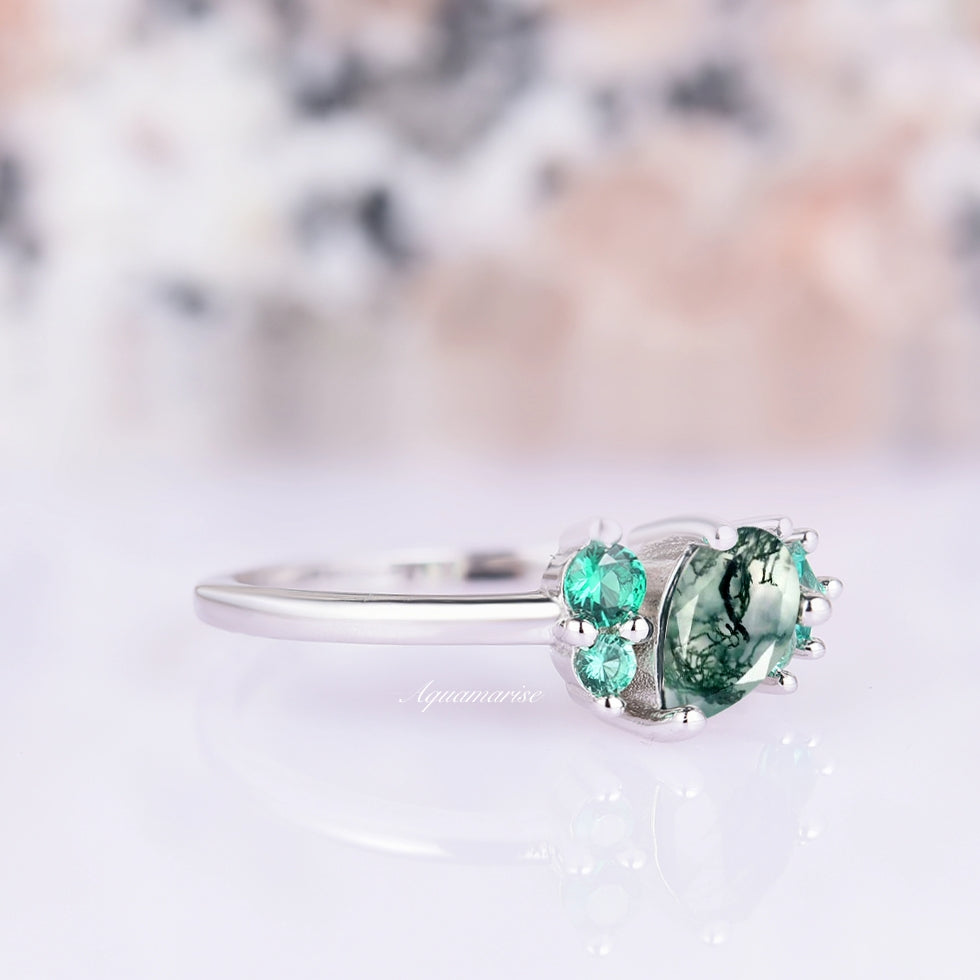Natural Green Moss Agate & Emerald Sterling Silver Ring for Women - Elegant Bohemian Jewelry for Everyday Wear, Gift Giving & Special Occasions