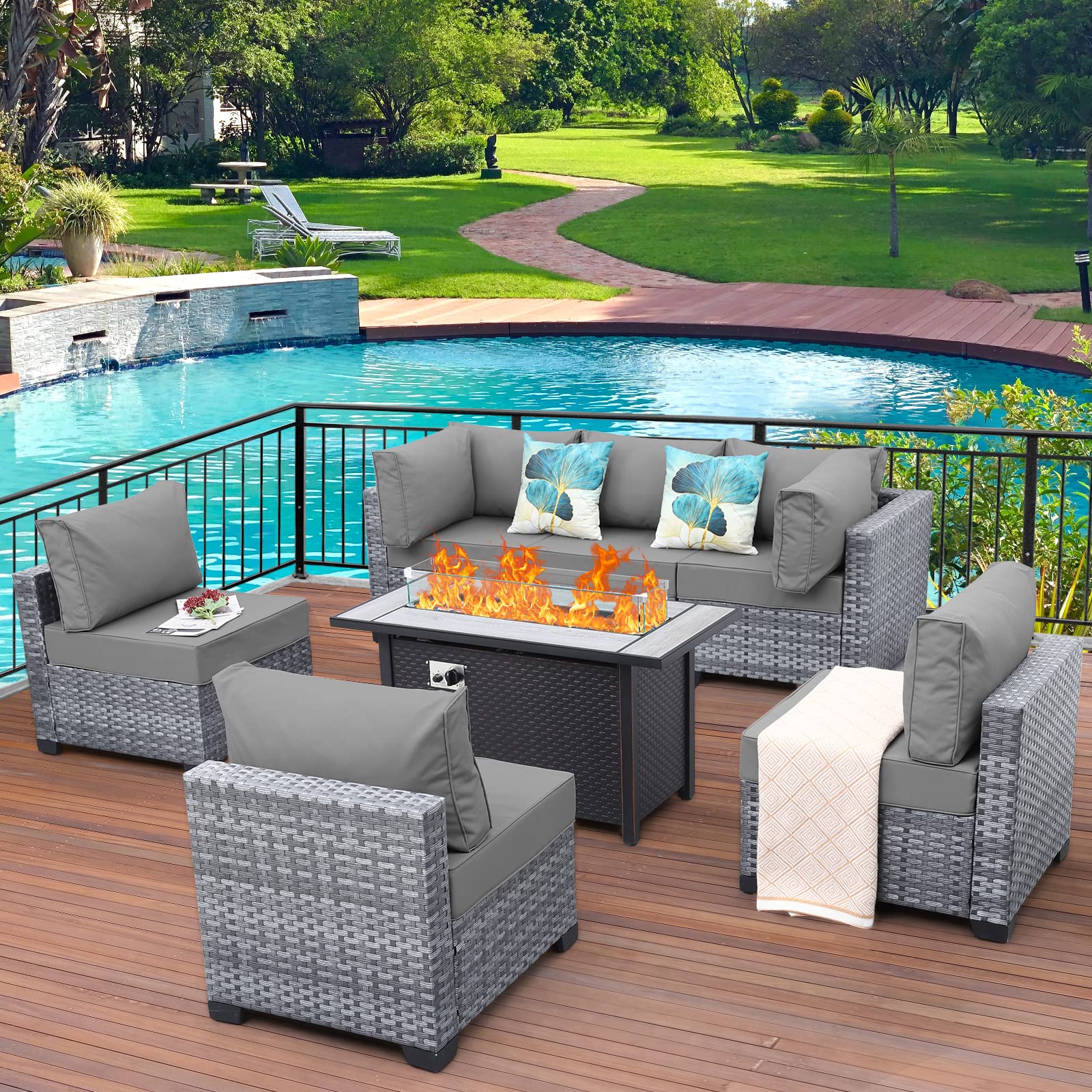 7-Piece Wicker Patio Furniture Set - PE Rattan Outdoor Sectional Sofa with Fire Pit Table, Non-Slip Cushions & Cover (Light Grey) - Perfect for Backyard, Garden, Poolside & Outdoor Entertaining