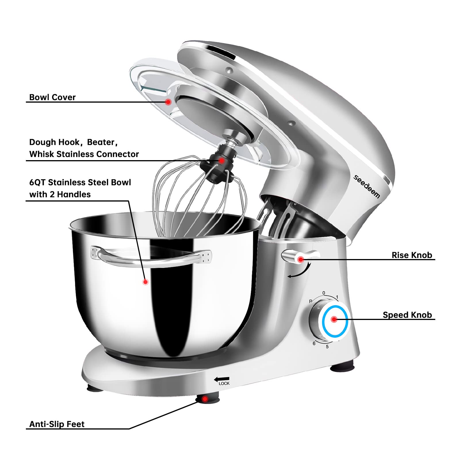 Seedeem 6Qt Stand Mixer, 660W Electric Food Mixer with Tilt-Head, 6-Speed Dough Mixer - Includes Dishwasher-Safe Dough Hook, Wire Whip & Beater - Perfect for Baking Bread, Cakes, Cookies & More (Silver)