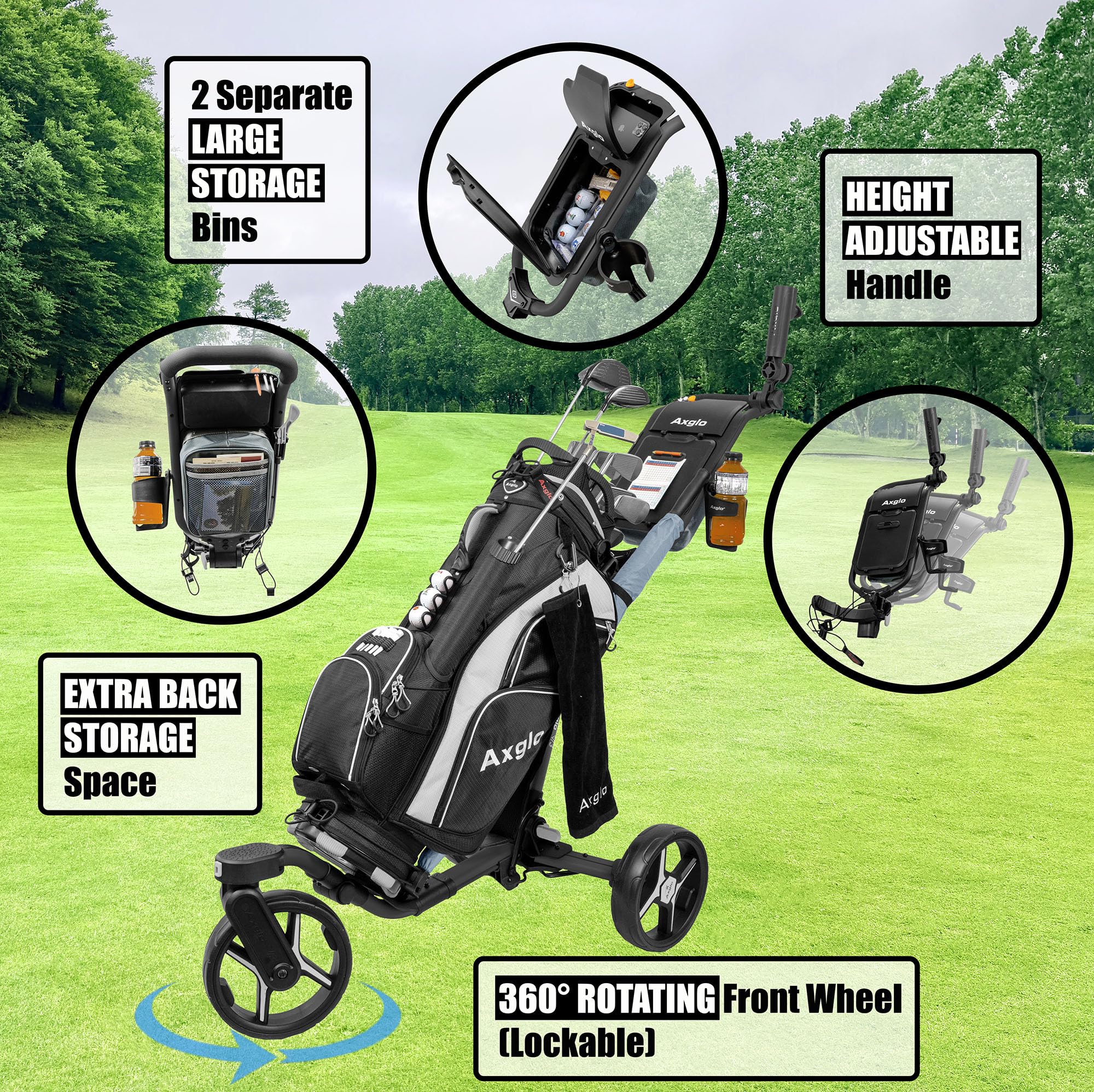 V3 3-Wheel Golf Push Cart with Swivel Front Wheel - Lightweight & Durable Golf Caddy with Large Storage Bins, Cup & Umbrella Holder - Perfect for Golf Courses, Driving Ranges & Outdoor Practice