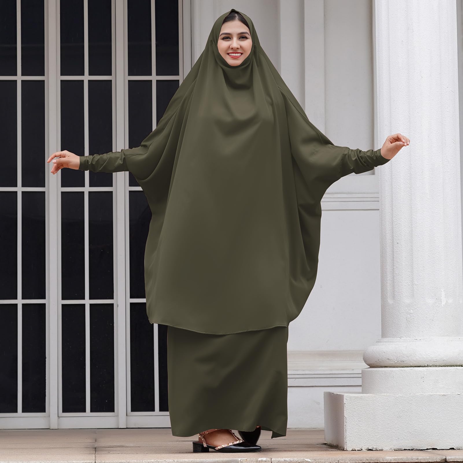Islamic Modest Prayer Dress for Women - Full Cover Long Khimar Skirt & Hijab Abaya Set | 2-Piece Muslim Kaftan with Niqab | Long Sleeve Middle Eastern Dubai Style | Perfect for Prayer, Mosque & Special Occasions | Army Green