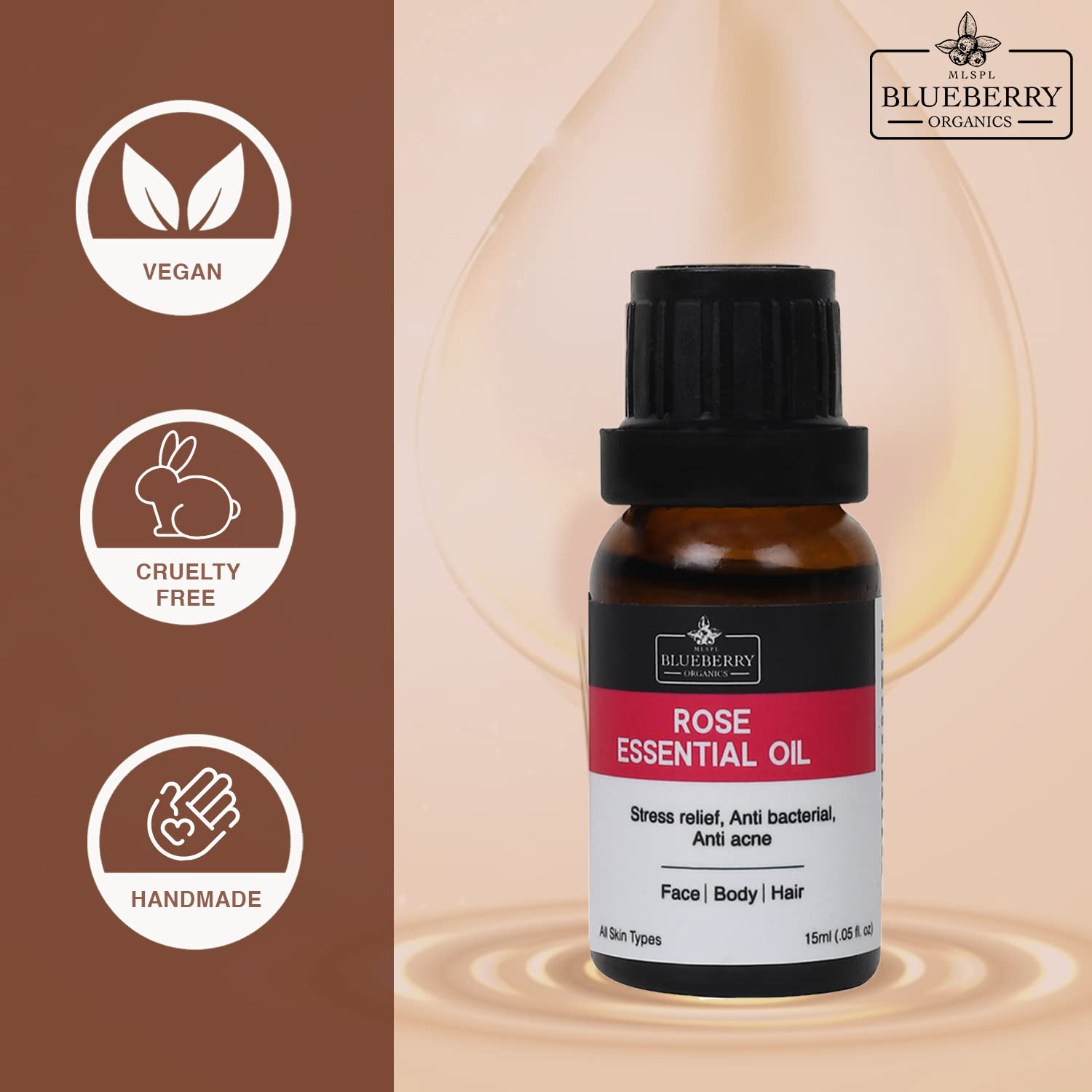 MLSPL BLUEBERRY ORGANICS 100% Pure Rose Essential Oil - Steam Distilled, Therapeutic Grade for Skin Care & Hair Growth - 15ml Bottle - Perfect for Aromatherapy, Massage & DIY Beauty Products