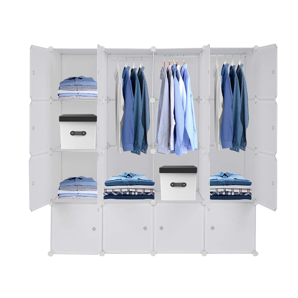 JYOSTORE 16-Cube Stackable Storage Shelves with Doors - Modular Closet Organizer with Hanging Rod for Clothes | White | Space-Saving Solution for Bedroom, Closet & Office Organization