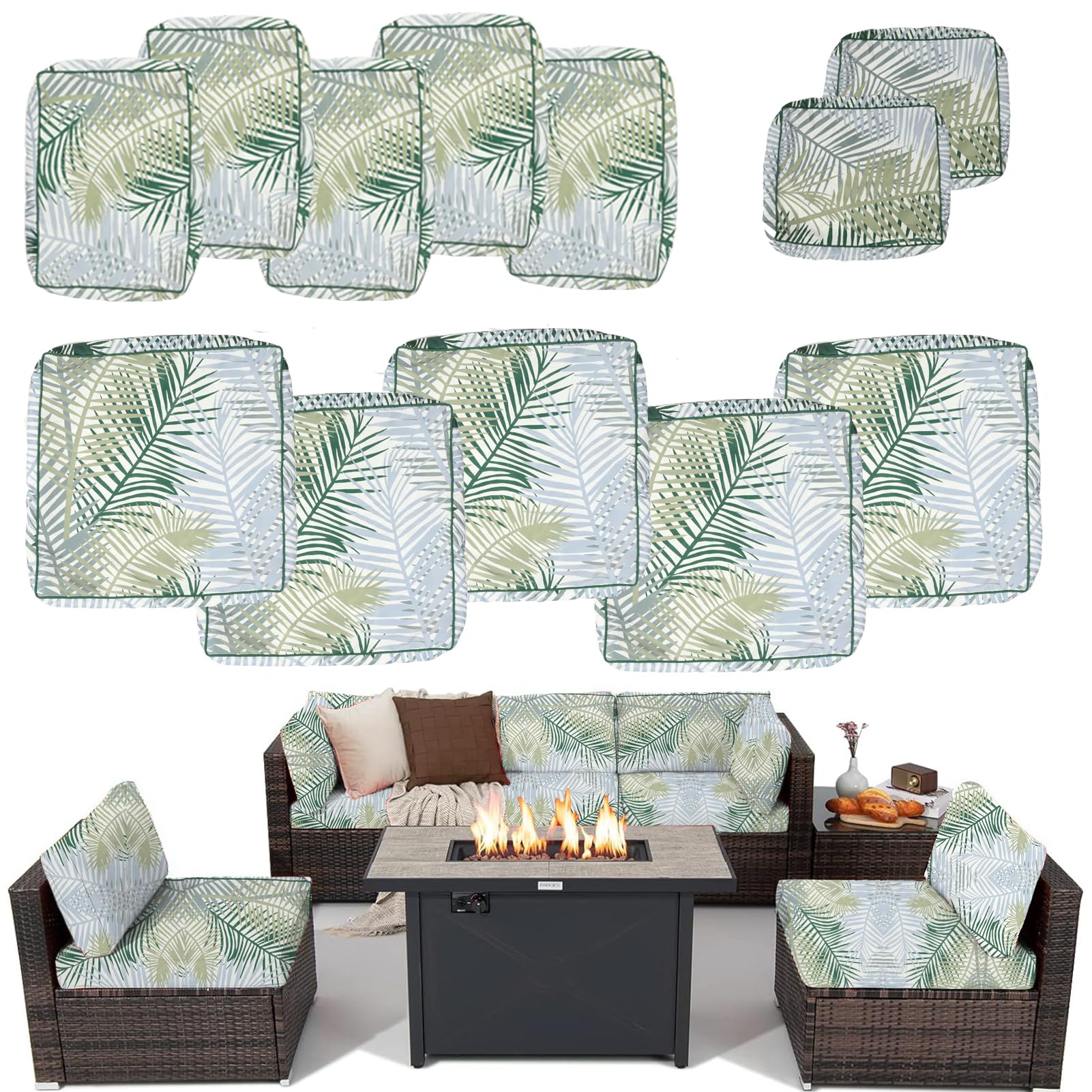 Waterproof Outdoor Patio Cushion Covers with Zipper - Replacement Slipcovers for Wicker Rattan Sectional Couch & Chair Set (12-Piece, Bamboo Leaf Pattern) - Perfect for Garden, Poolside, and Patio Furniture Protection