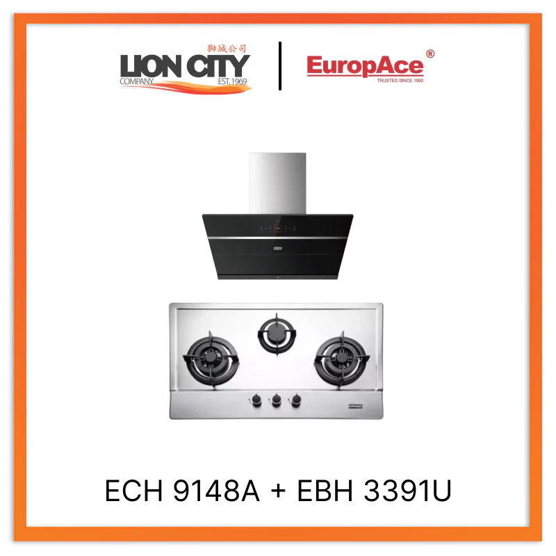 Europace ECH9148A 90cm Premium Stainless Steel Inclined Range Hood + EBH3391U Otimmo 3 Burner Slim Built-in Gas Hob Cooker for Modern Kitchen - Perfect for Home Cooking, Baking & Entertaining