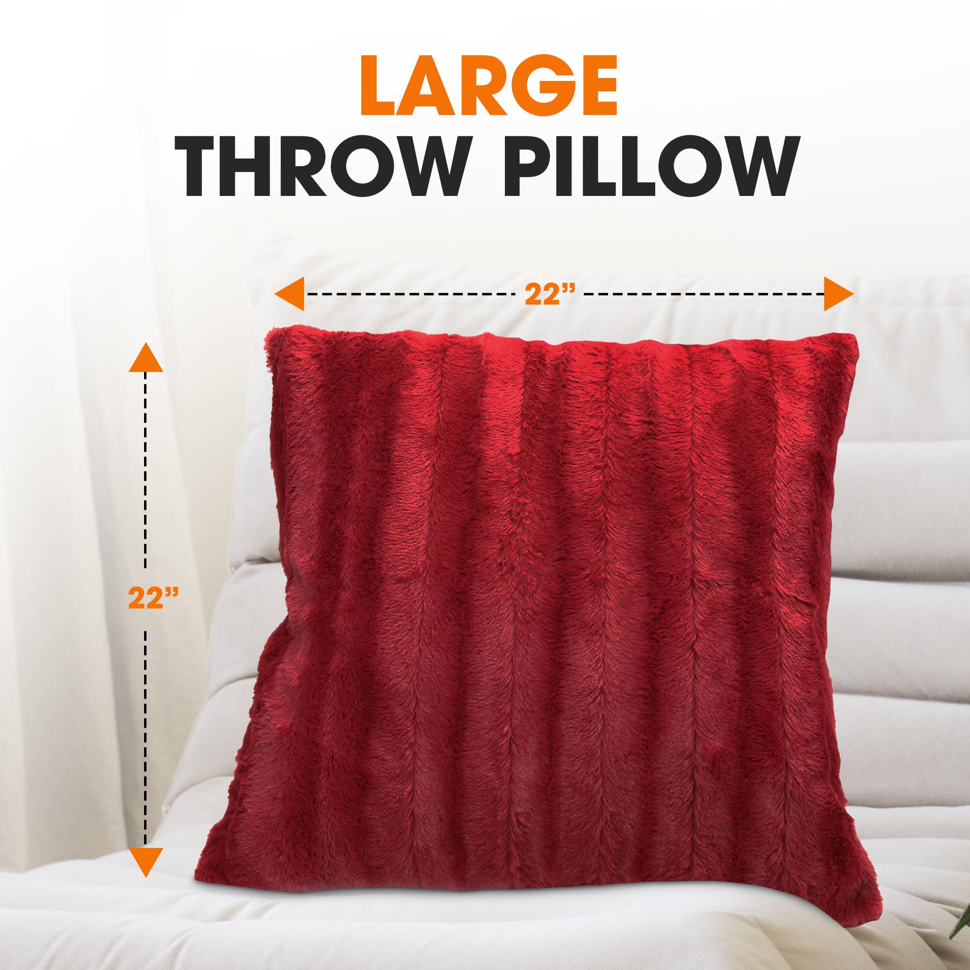 Cheer Collection Faux Fur Throw Pillows Set of 2 - 22x22 Inch Soft Decorative Couch & Bed Pillows, Maroon Accent Pillows for Living Room, Bedroom Aesthetic - Cozy Home Decor for Sofa, Lounge & Dorm