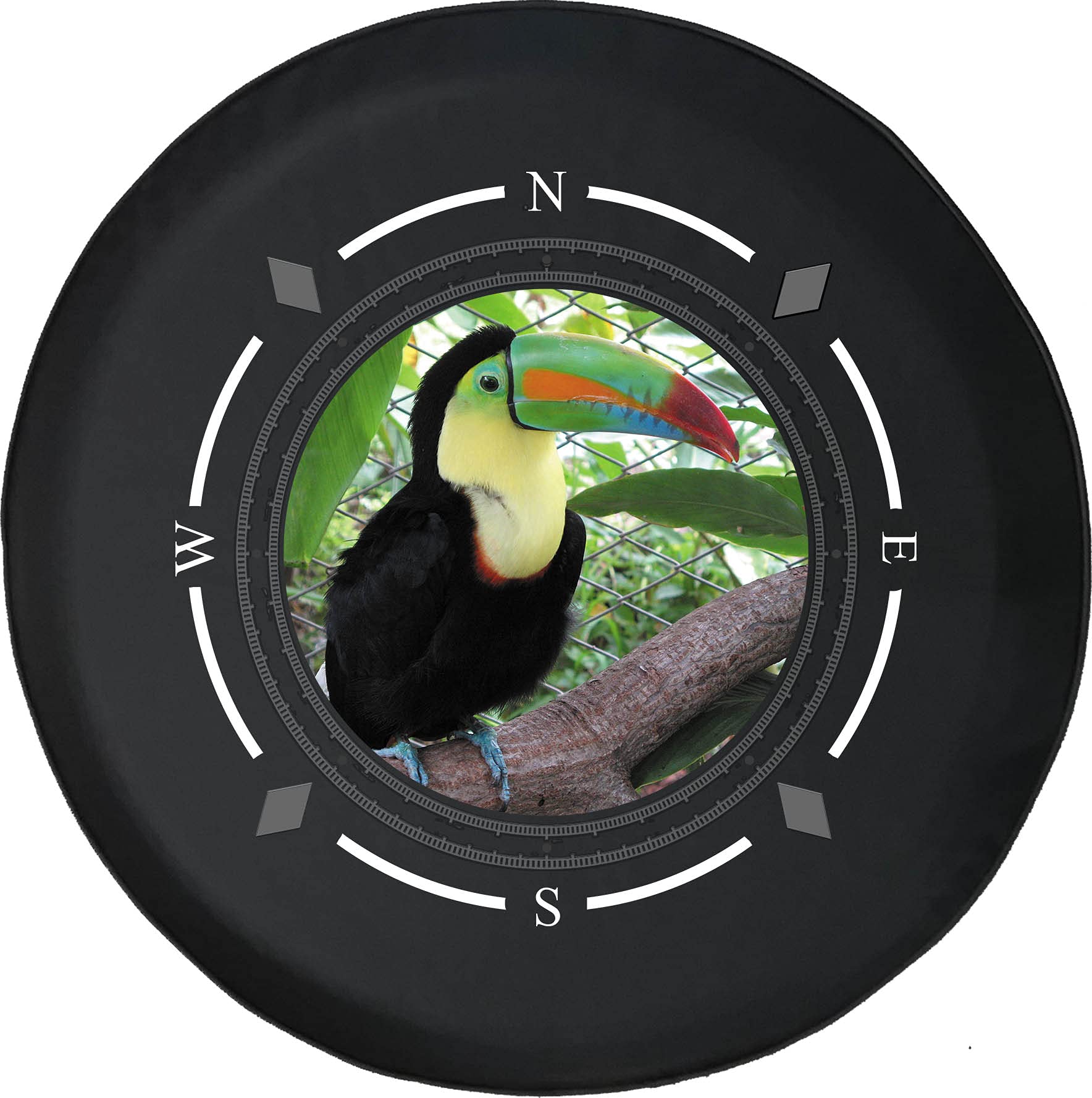American Unlimited Spare Tire Cover with Compass & Keel-Billed Toucan Design - Waterproof SUV, Trailer, RV Wheel Cover for Outdoor Adventures & Road Trips
