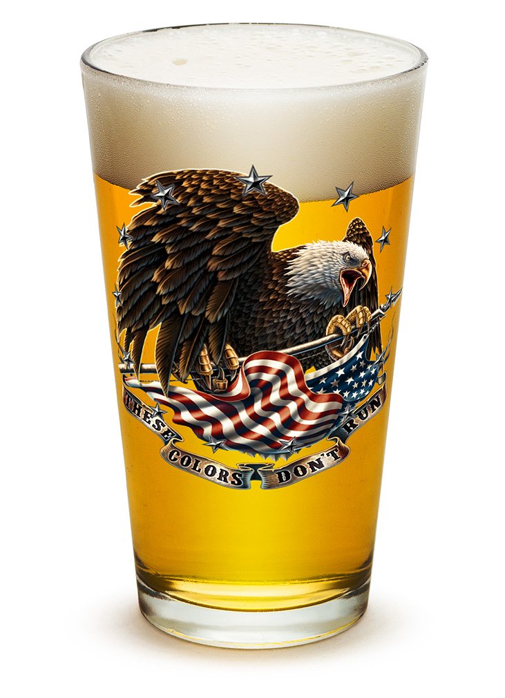 Erazor Bits Patriotic Beer Pint Glasses - 16oz Classic Premium Highball Cocktail Mixing Glasses (Set of 24) - 'These Colors Don't Run' Design with Logo - Perfect for Cold Beverages, Parties, BBQs, and Patriotic Events
