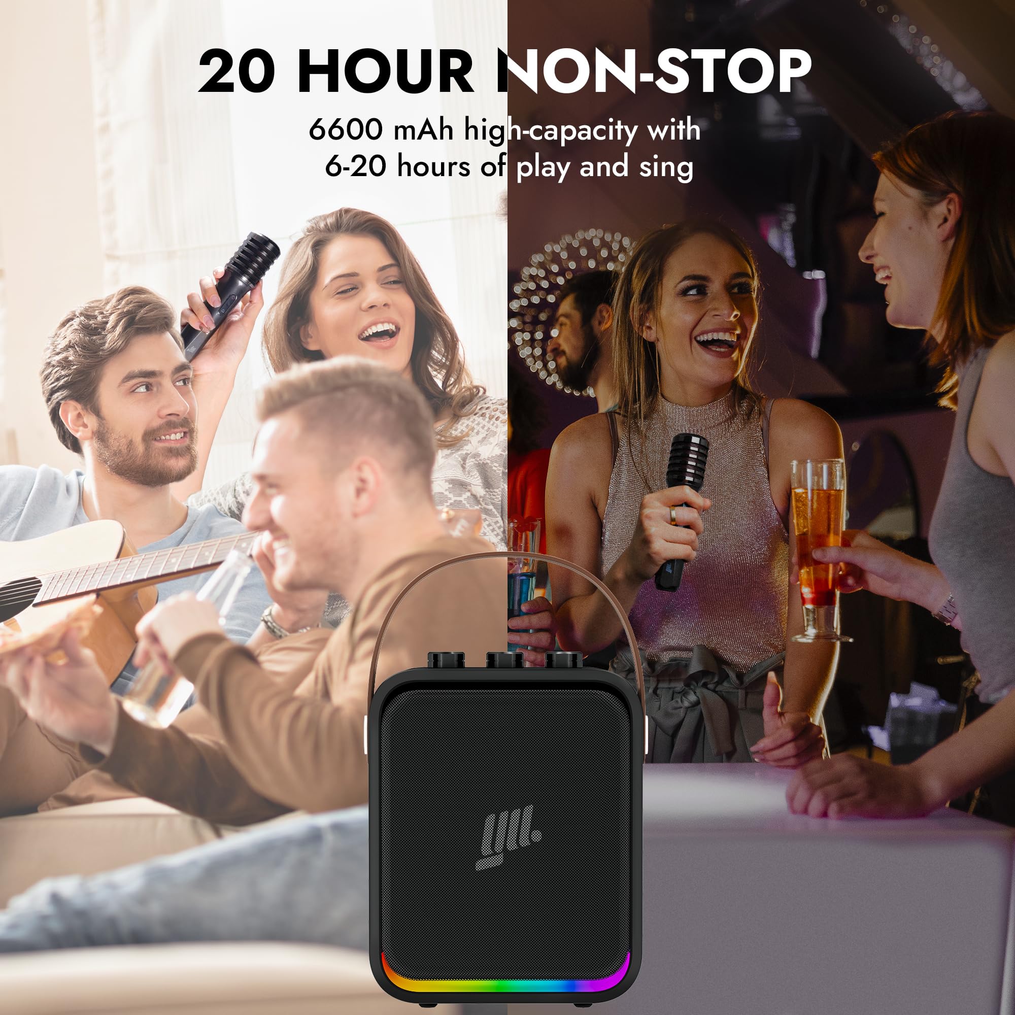 YLL Portable Bluetooth Karaoke Machine - 60W Powerful Wireless Speaker with 2 Microphones for Adults & Kids, Lightweight Karaoke System with Shoulder Strap - Perfect for Home Parties, Outdoor Gatherings & Family Singing Fun