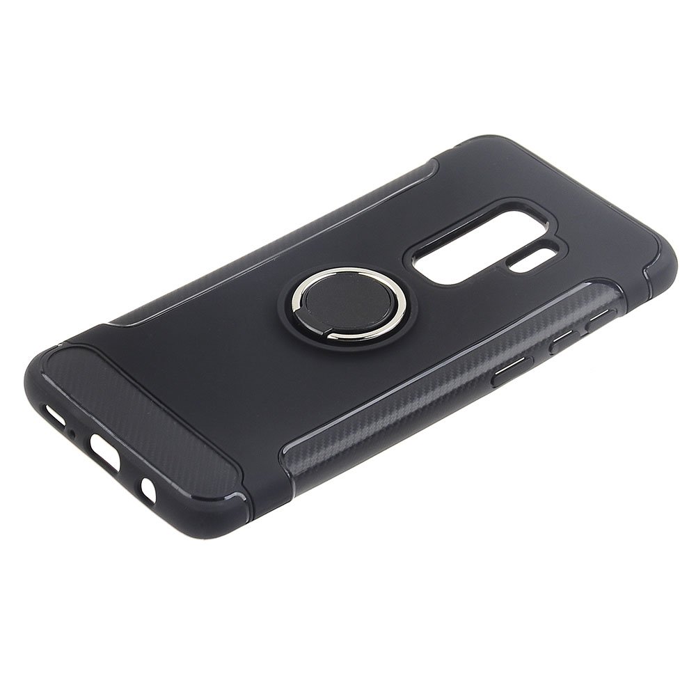 Shockproof Carbon Fiber TPU Case for Samsung Galaxy S9 Plus with Ring Stand - Slim Protective Phone Cover for Galaxy S9+ (Black) | Perfect for Work, Travel & Everyday Use