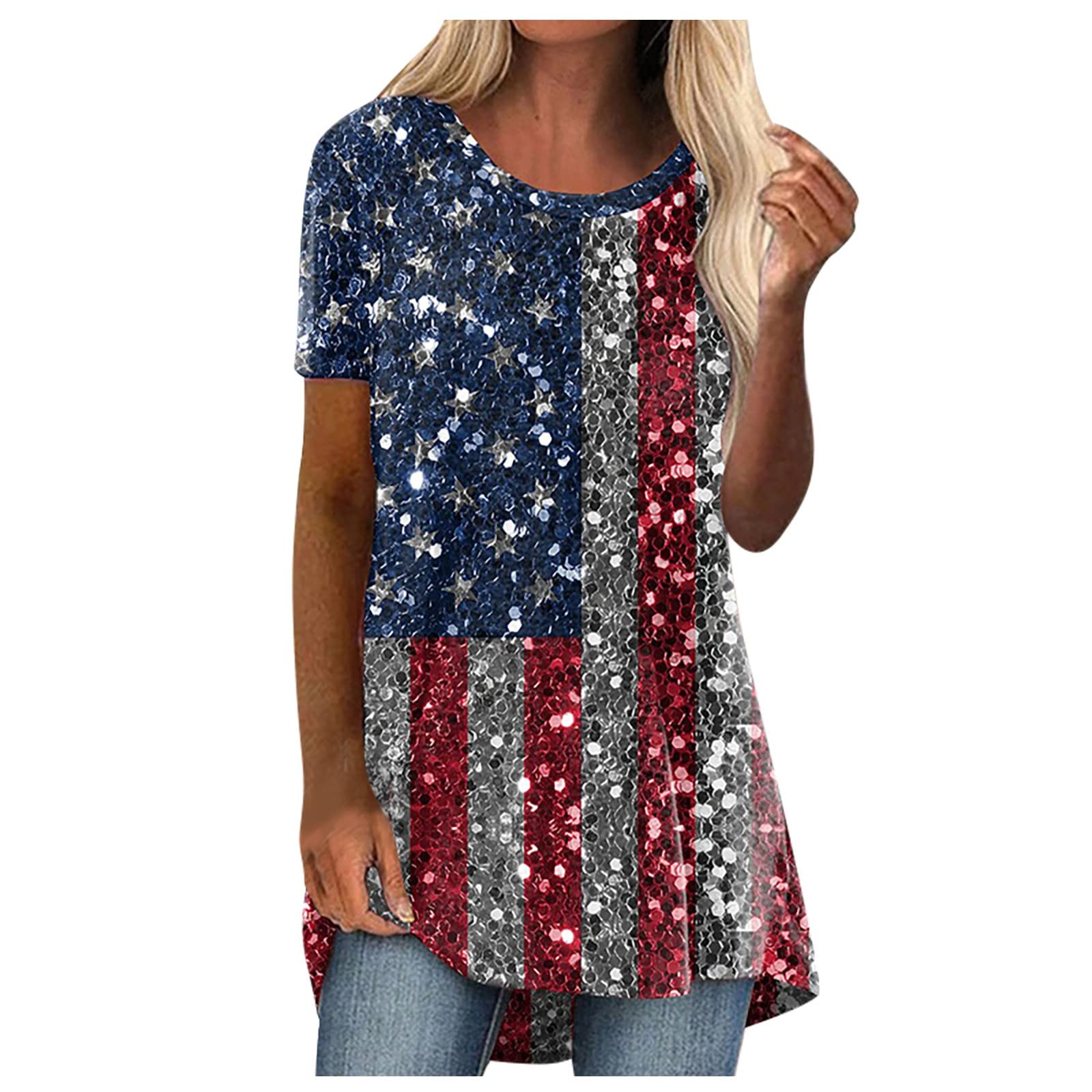 Women's Summer Tops - 4th of July Patriotic Print Short Sleeve Crewneck T-Shirts | Loose Fit Side Split Tunic Blouse for Casual Wear & Independence Day Celebrations
