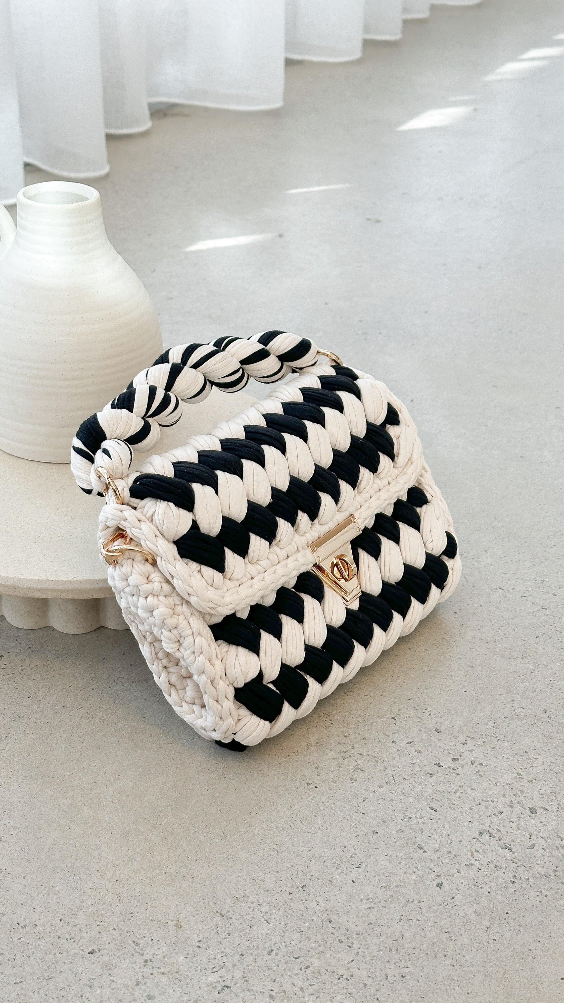Annabel Chunky Braided Handbag for Women - Stylish Cream & Black Crossbody Purse - Perfect for Work, Travel, and Everyday Use