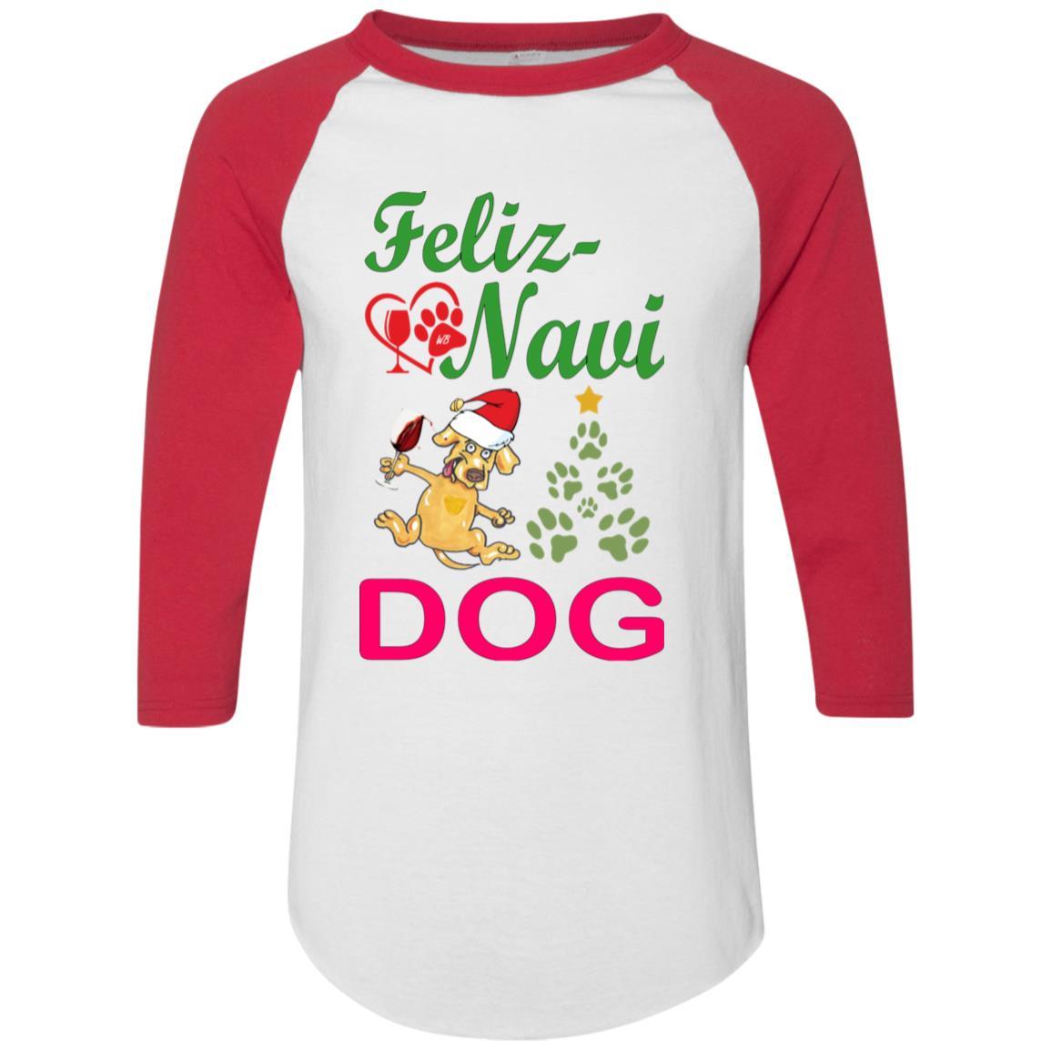 Feliz Navidad Dog Sweater - Colorblock Raglan Jersey in Green & Red | Christmas Pet Apparel for Small & Medium Dogs | Perfect for Holiday Photos & Festive Outfits
