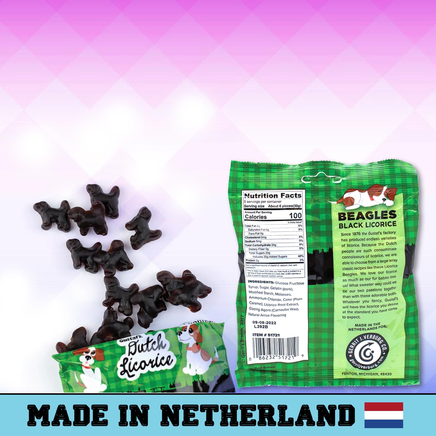Gustaf's Dutch Licorice Beagle Black Licorice Candy - 2 Pack (5.29 oz Each) | Authentic Imported Dutch Treats | Great for Travel, Gifts & Movie Snacks | Includes RUS Candy Company Travel Size Bags