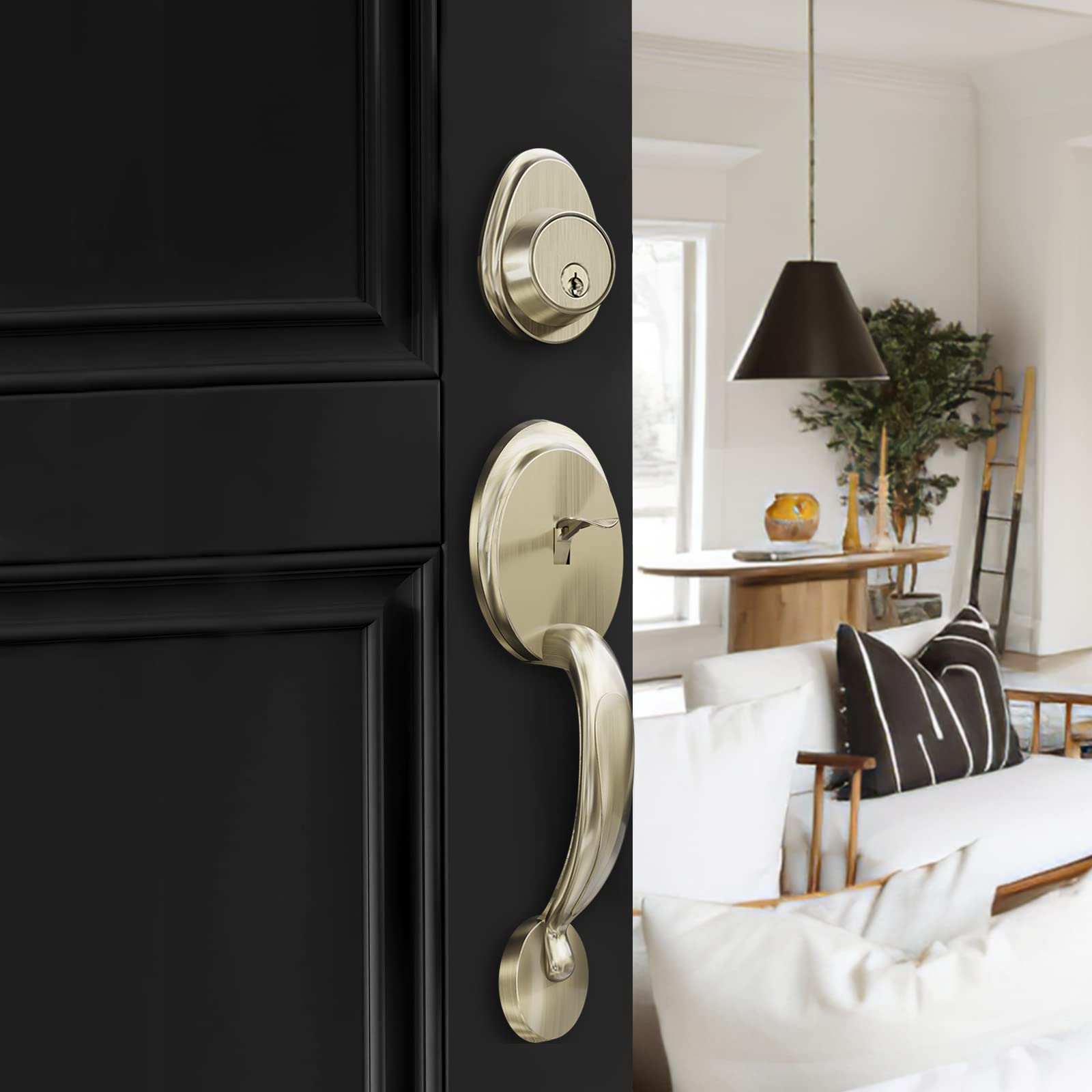 NeuType Front Door Handle Set with Single Cylinder Deadbolt & Knob - Antique Brass Entry Door Lock for Right/Left Handed Doors - Perfect for Home, Apartment & Office Entrance Security