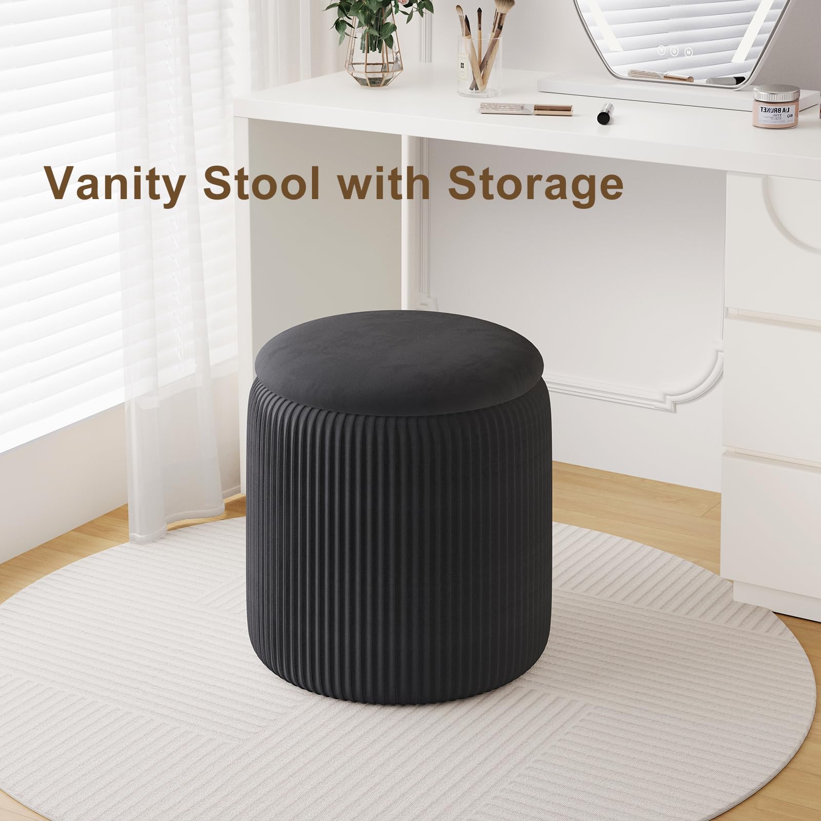 Black Velvet Storage Ottoman Set of 2 - Round Foot Rest Stool with Hidden Storage, Makeup Vanity Chair & Pouf for Living Room, Bedroom, Dressing Area - Perfect for Extra Seating & Home Organization