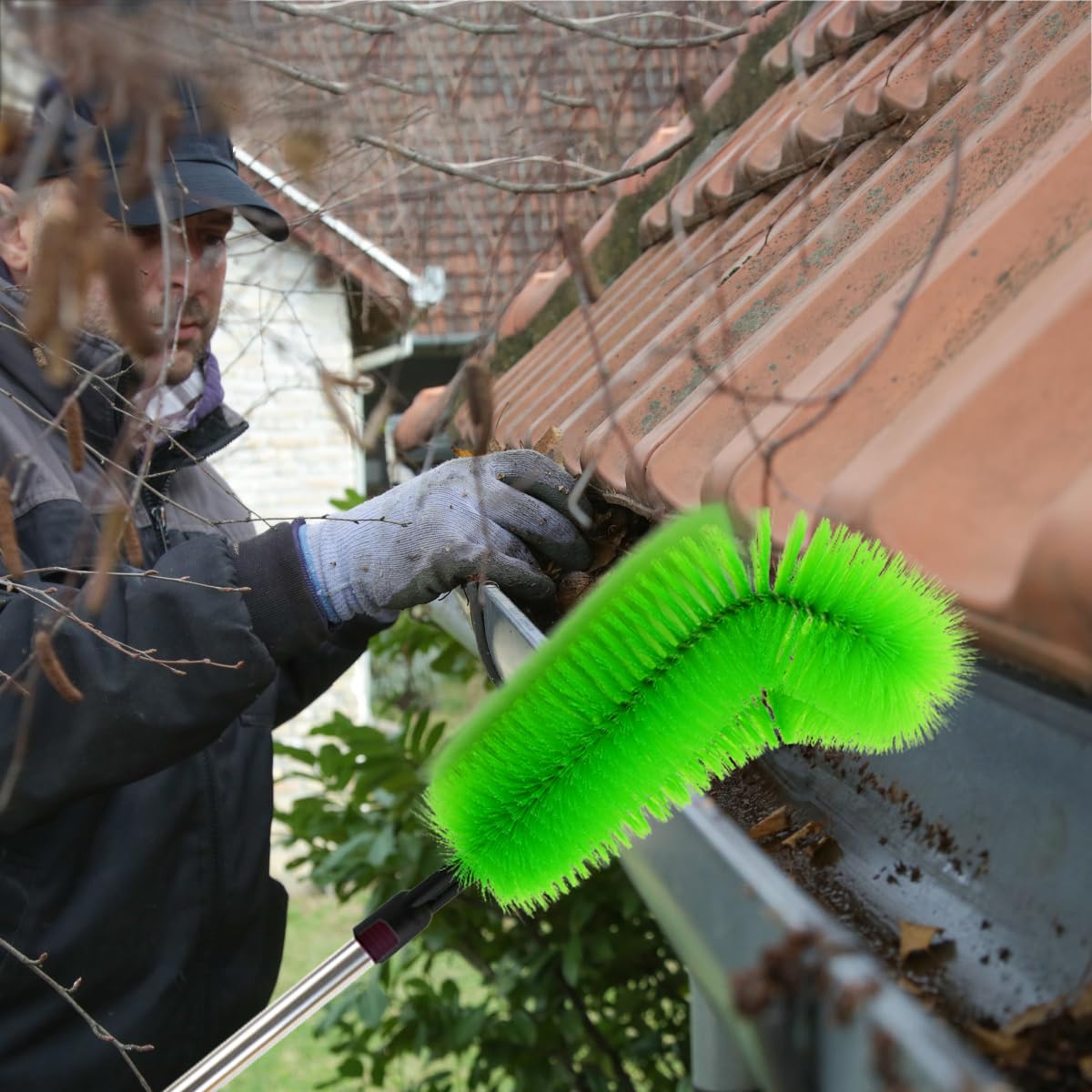 2 Pack Gutter Cleaning Brush with 2 Replaceable Heads - 0.75 Inch (19mm) Threaded Adapter - Easy Ground-Level Leaf Removal Tool for Roof Gutters | Perfect for Home Maintenance, DIY Roof Cleaning & Seasonal Gutter Care