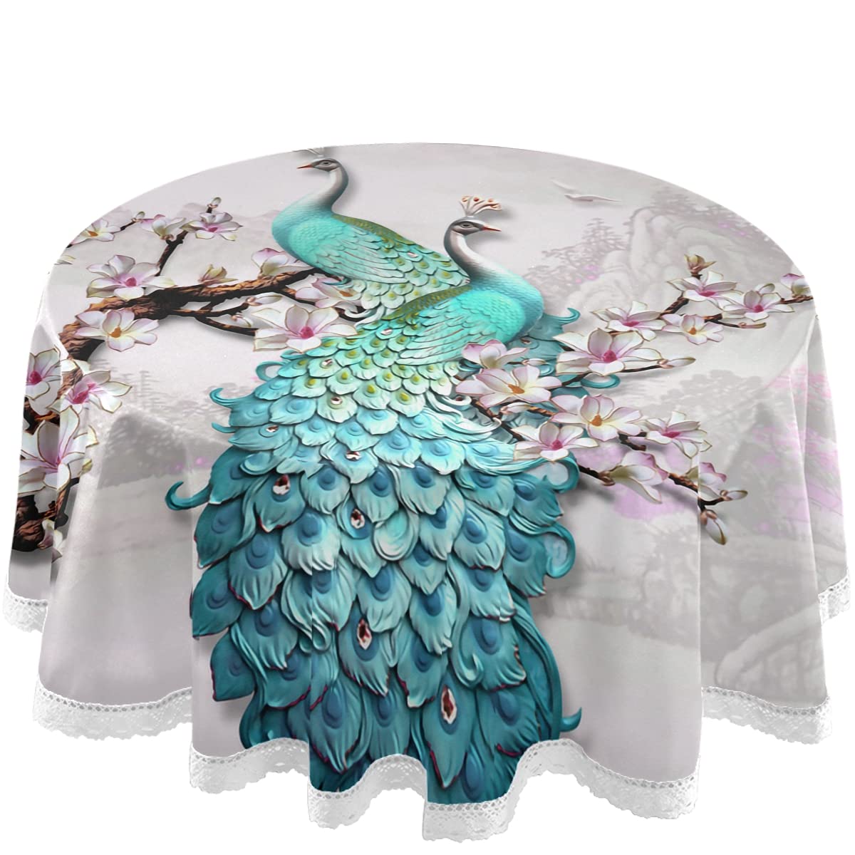 3D Peacock & Orchid Waterproof Round Tablecloth - 60 Inch Washable Table Cover for Outdoor Wedding, Party, Dining Room - Elegant Table Protector for Indoor/Outdoor Decor