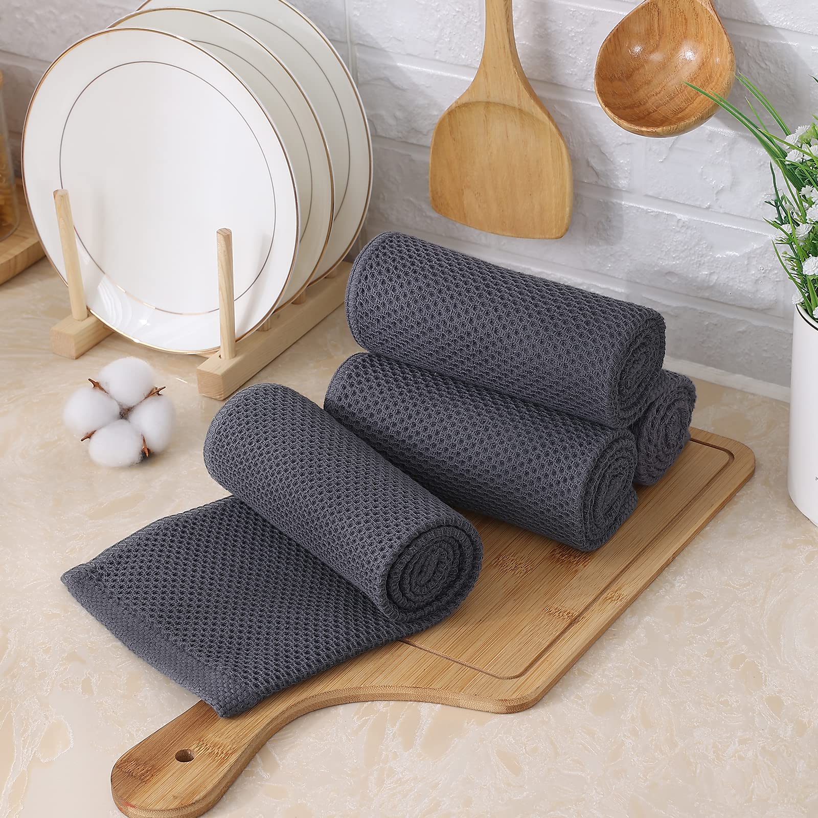 Kitinjoy 4-Pack Cotton Waffle Kitchen Towels - Super Absorbent for Dishes & Hands | Dark Grey