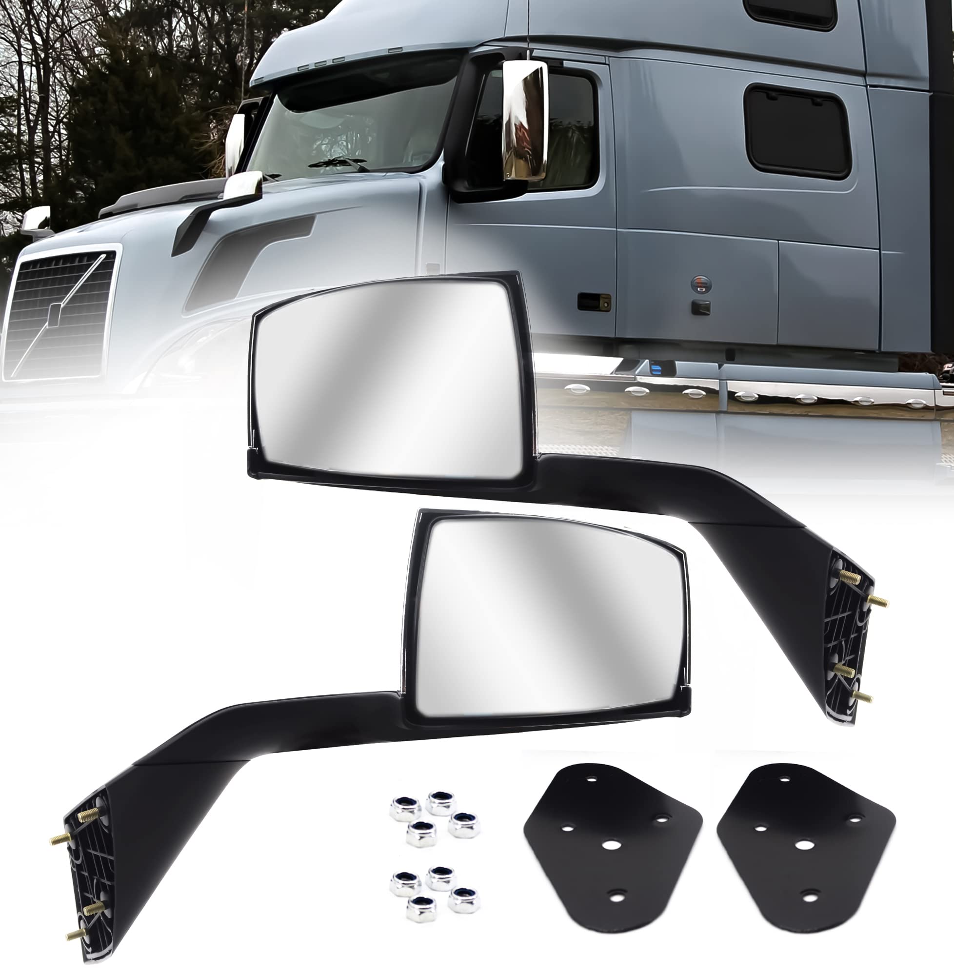 TORQUE Chrome Hood Mirror Replacement for 2004-2017 Volvo VNL Semi Trucks - Left (LHD) & Right (RHD) Side with Mounting Plates (TR009-L/TR009-R) - Perfect for Improved Visibility and Safety While Driving