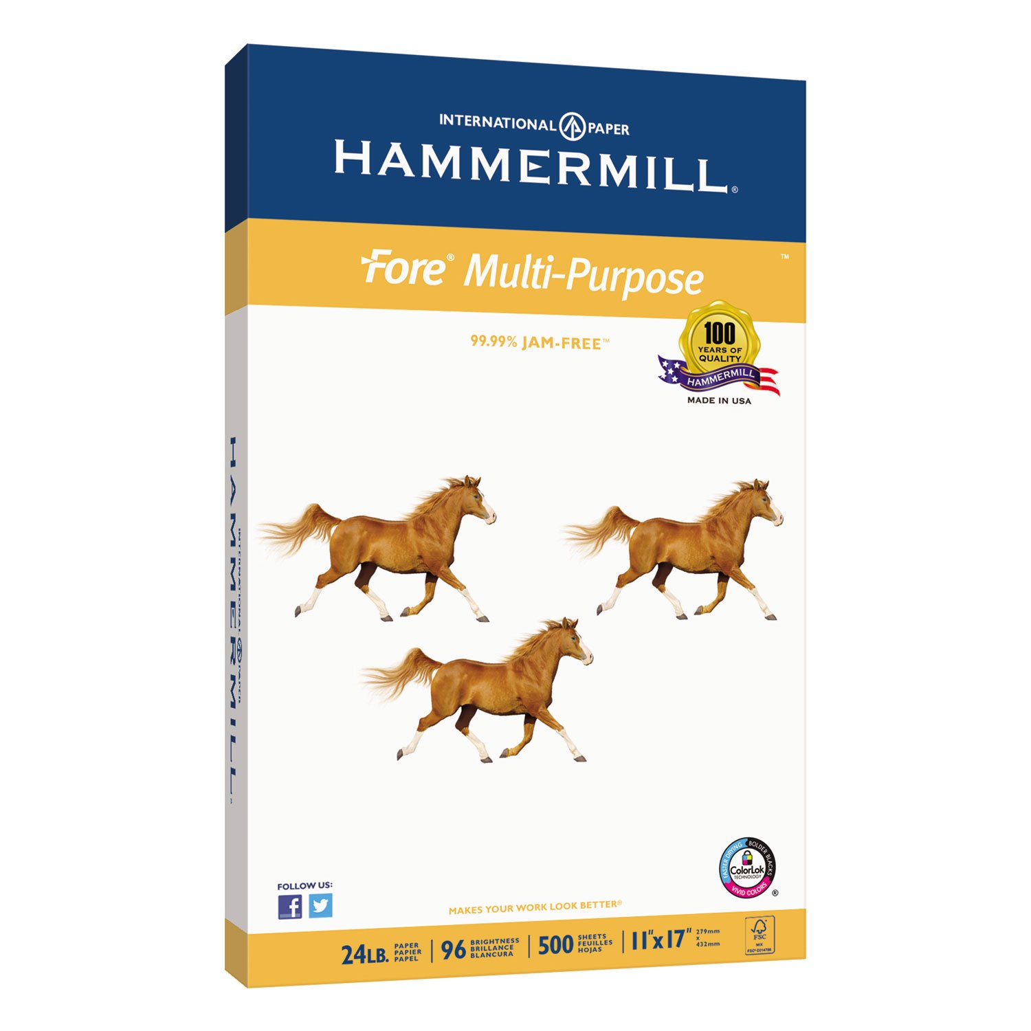 Hammermill 24 lb Premium Multipurpose Copy Paper, 11 x 17 Inches, 96 Brightness, 500 Sheets per Ream - Made in USA (102848R) - Ideal for Office Printing, School Projects, and Professional Documents