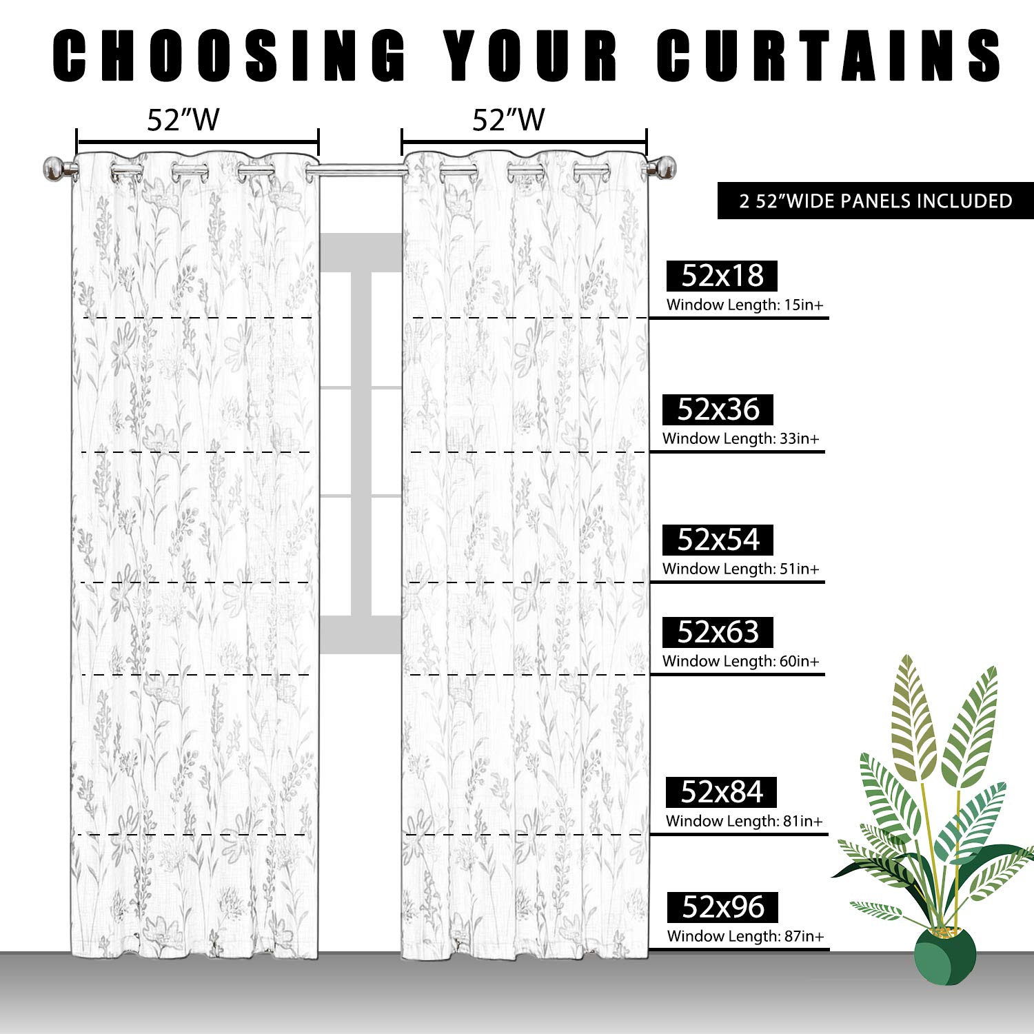 July Joy Printed Sheer Linen Curtains - Floral Leaf Design Farmhouse Style Window Drapes with Grommet Top, 52 x 54 Inch, Navy Blue - Perfect for Living Room, Bedroom & Dining Room Decor