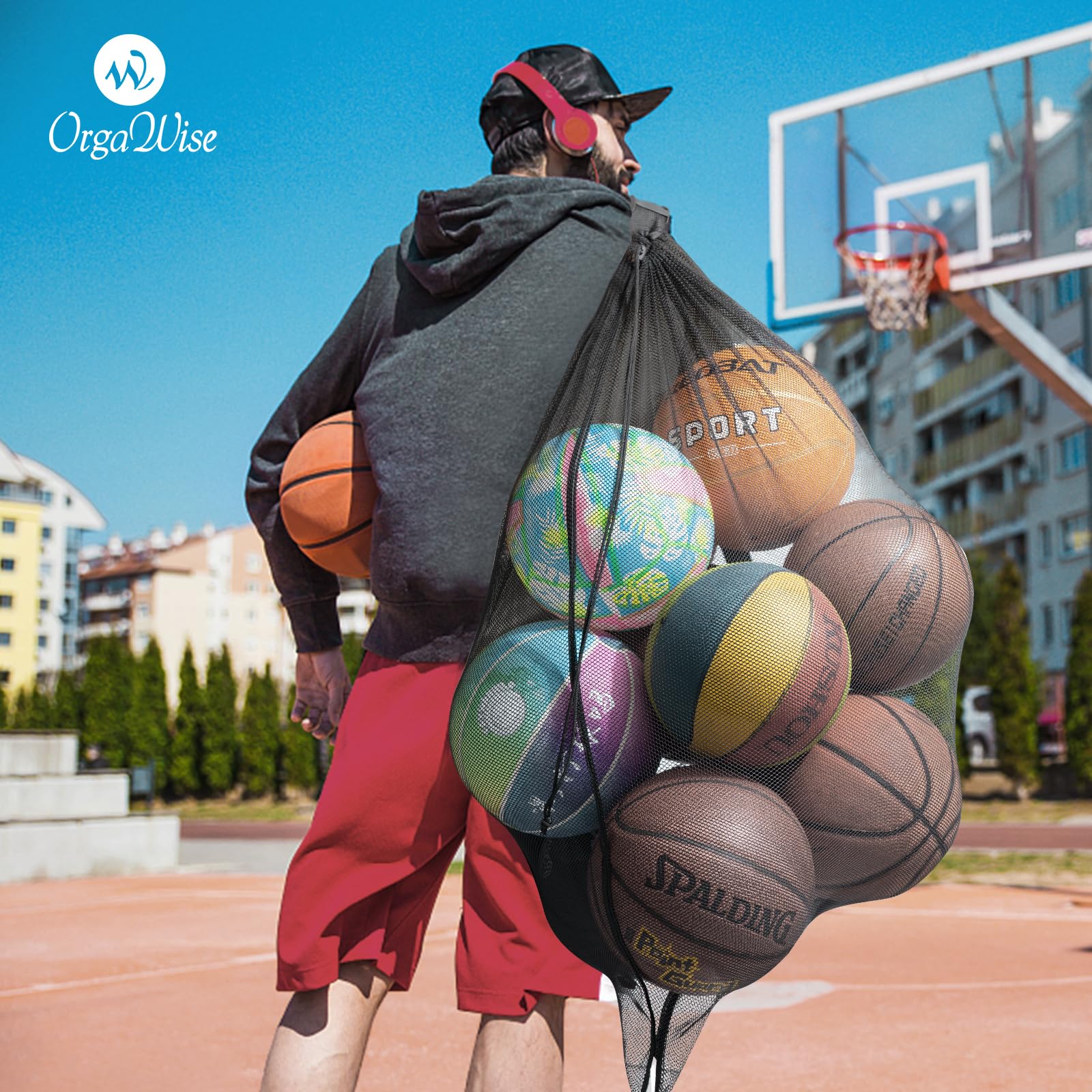 OrgaWise Heavy Duty Mesh Ball Bag for Basketball Soccer Volleyball - School Home Park Use