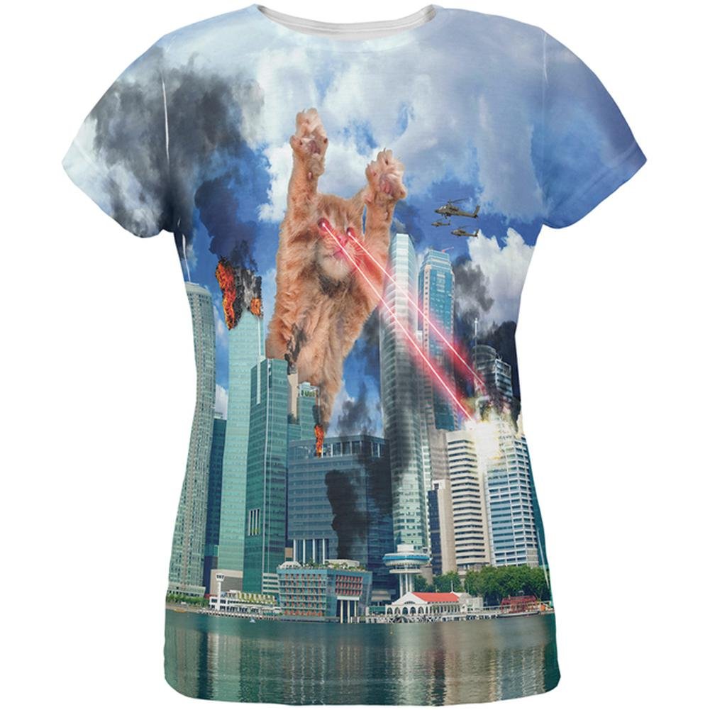 Giant Cat Laser Rampage Destroy All Graphic T-Shirt for Women - Fun Casual Tee for Cat Lovers, Gaming Enthusiasts & Meme Fans