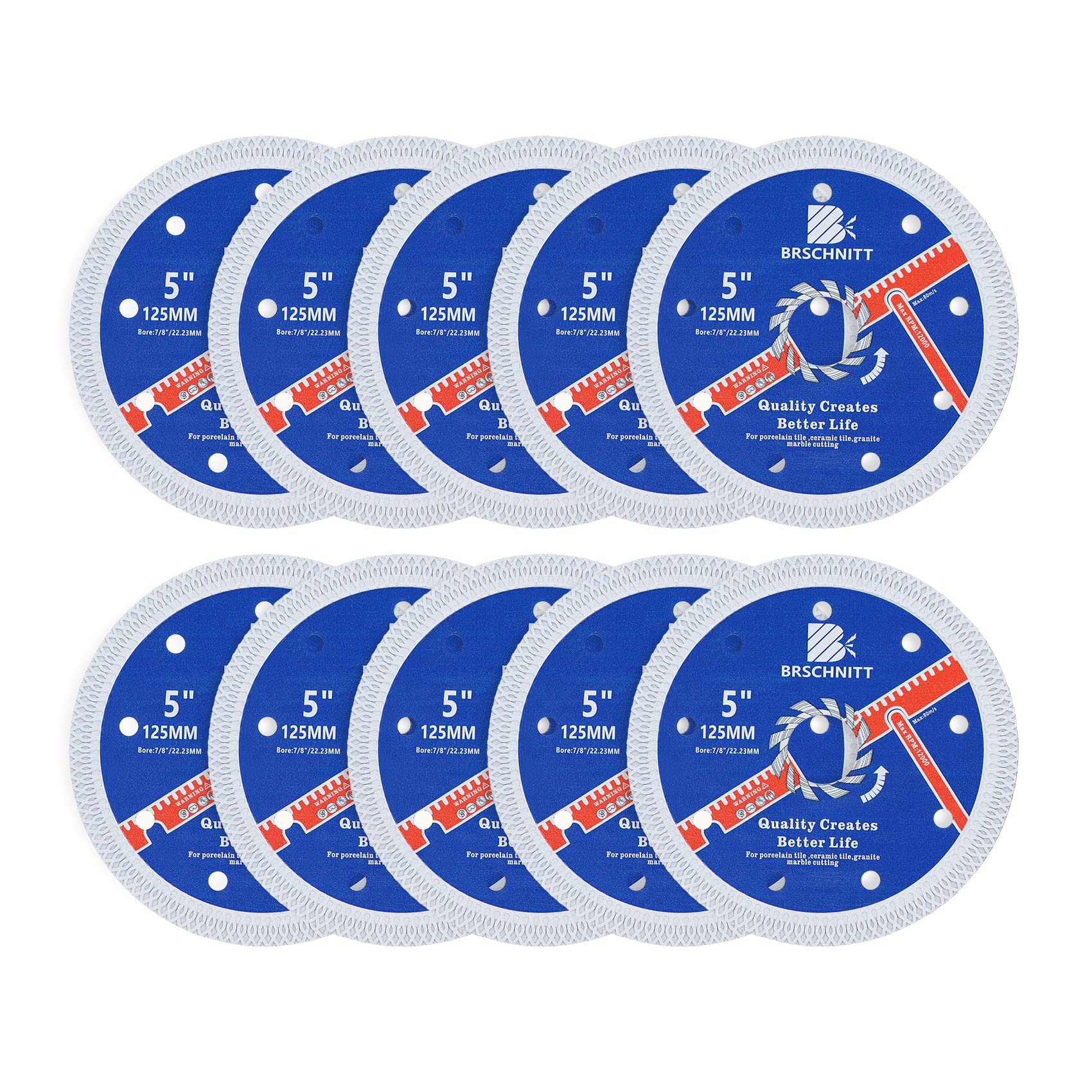 BRSCHNITT 10-Pack 5 Inch (125mm) Super Thin Diamond Porcelain Saw Blade - 7/8