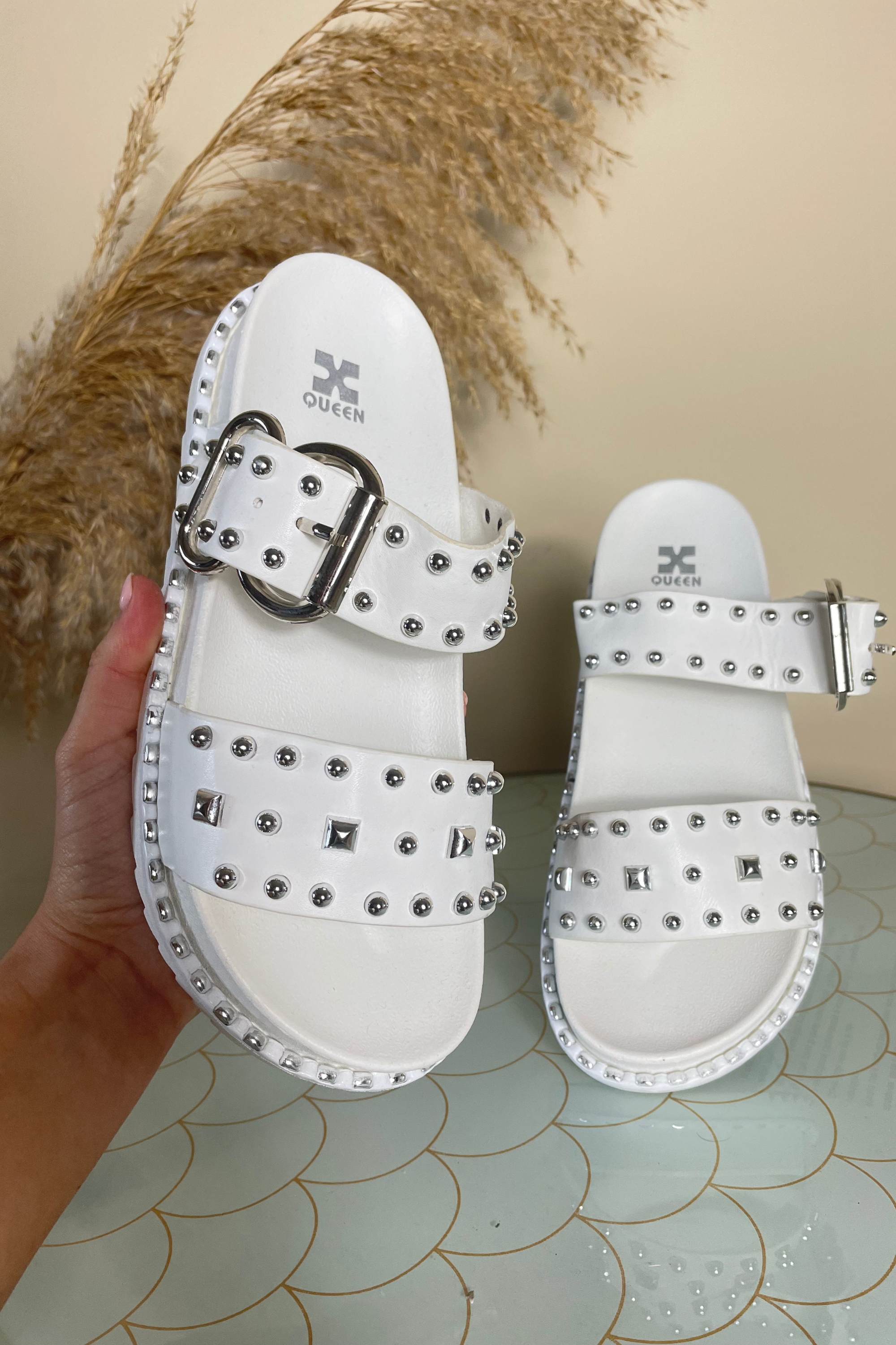 White Studded Sandals for Women - Fashionable Summer Beach Shoes - Perfect for Weddings, Vacations & Casual Outings