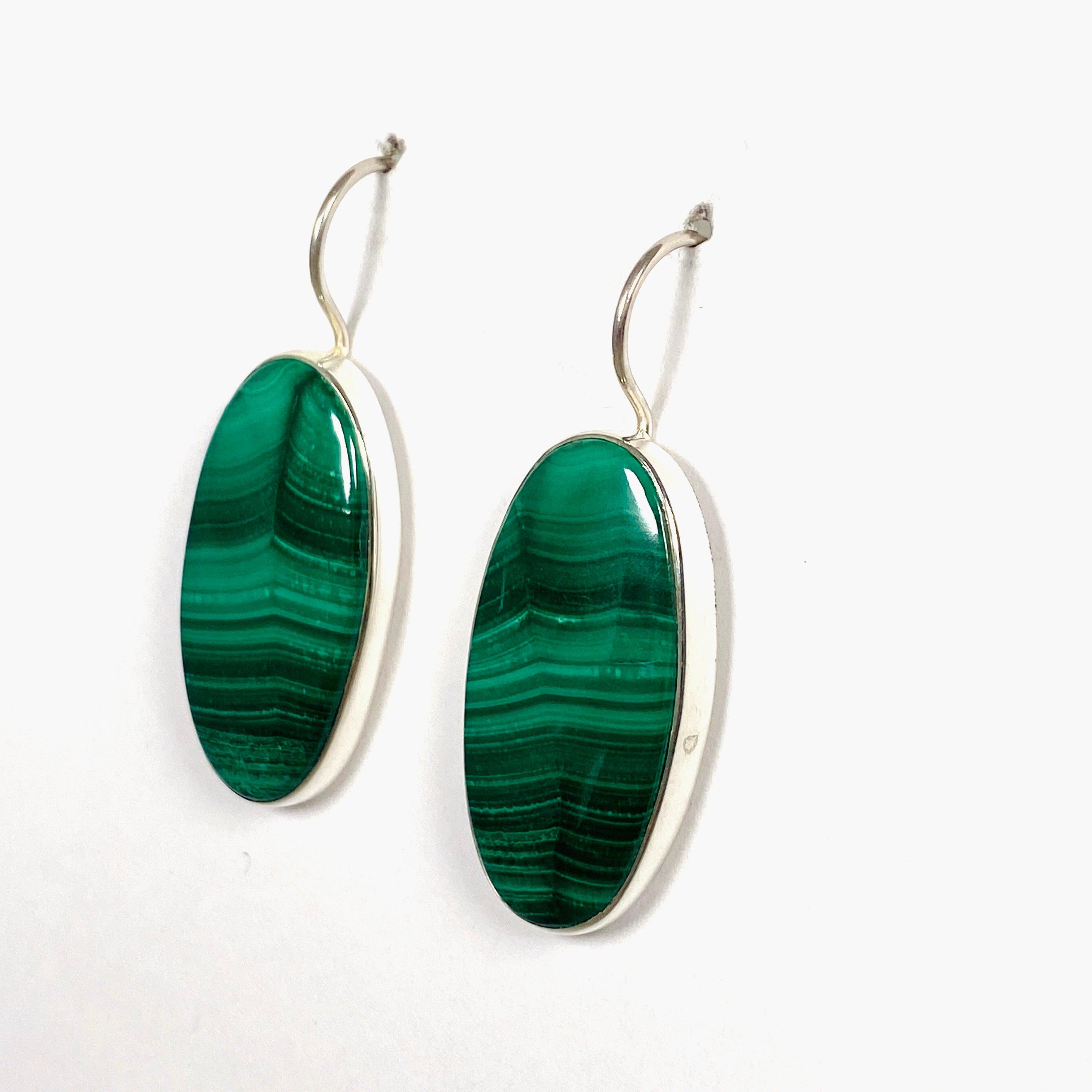 Natural Malachite Oval Fixed Hook Earrings KEGJ1341 – Elegant Green Gemstone Jewelry for Women, Perfect for Parties, Weddings & Special Occasions