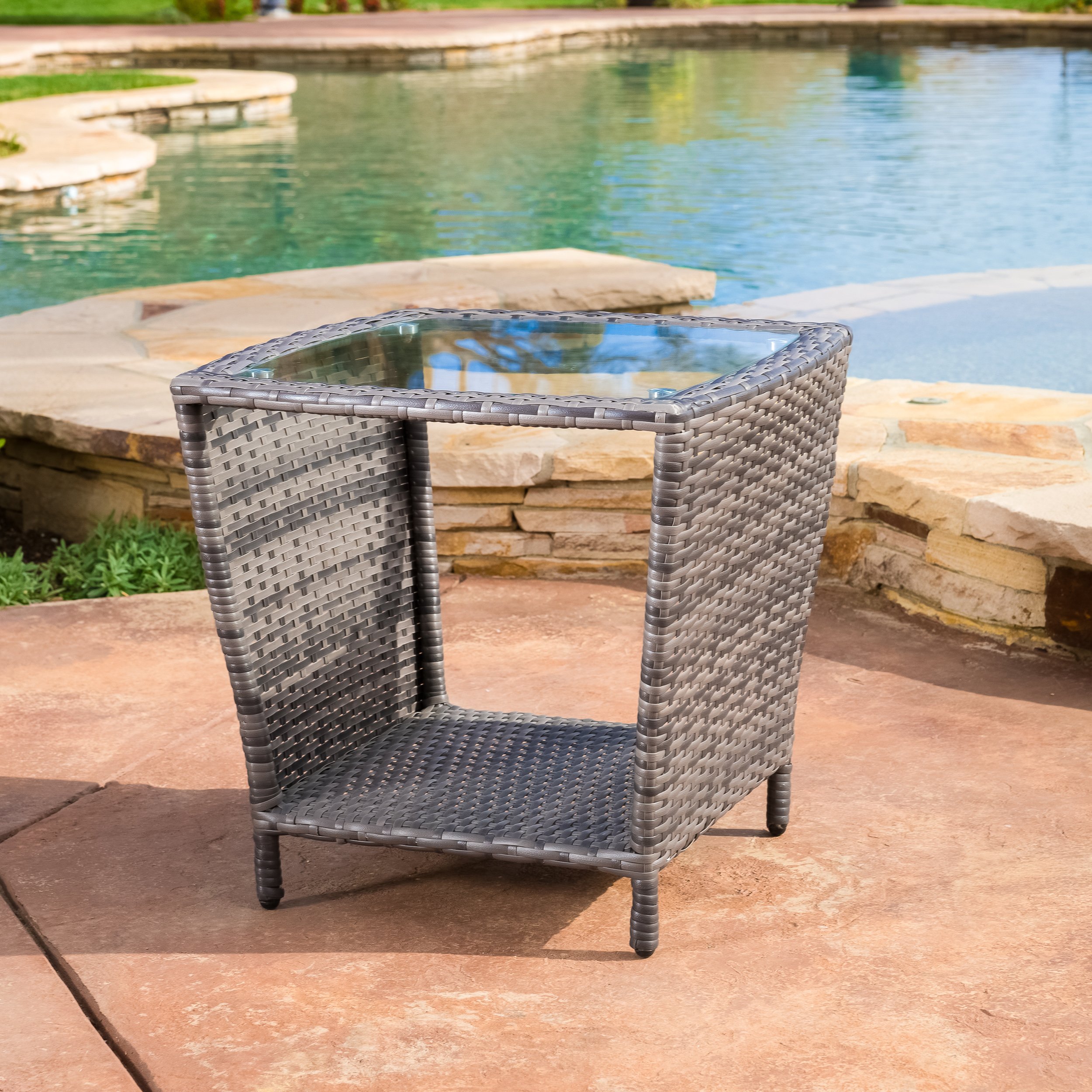 Christopher Knight Home Weston Outdoor Wicker Side Table with Glass Top, Grey - Patio Furniture for Poolside, Garden, and Deck Use