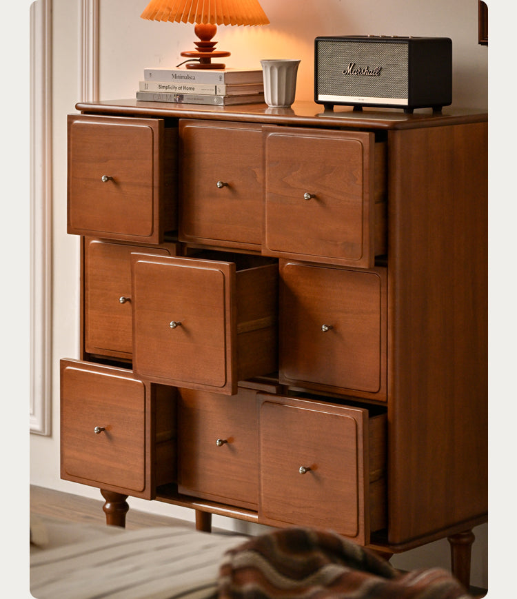 Vintage French Retro 9-Drawer Solid Poplar Wood Cabinet - Elegant Storage for Bedroom, Living Room & Office