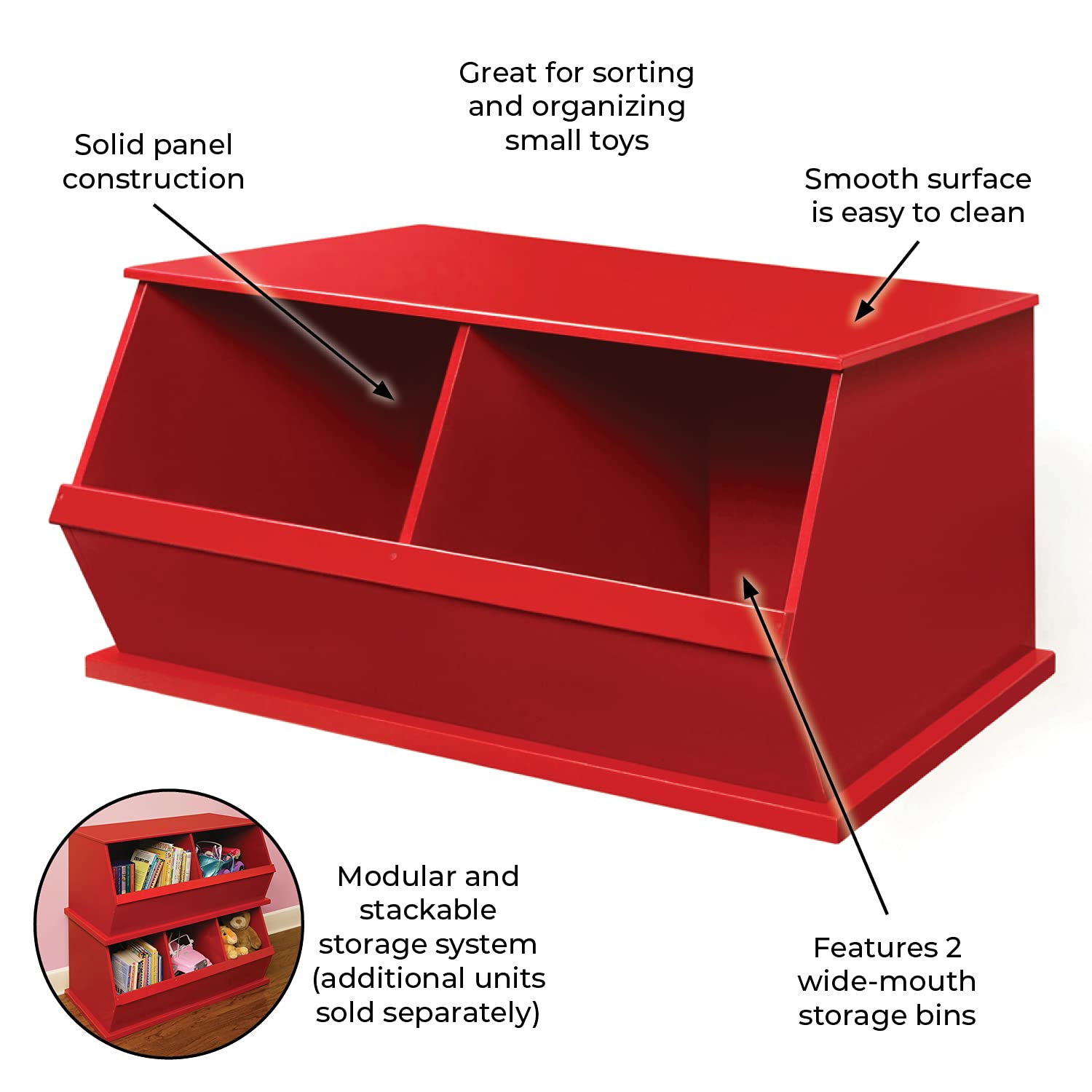 Badger Basket Two Bin Stackable Toy Storage Organizer for Kids Room - Red | Perfect for Playroom, Nursery & Bedroom Organization