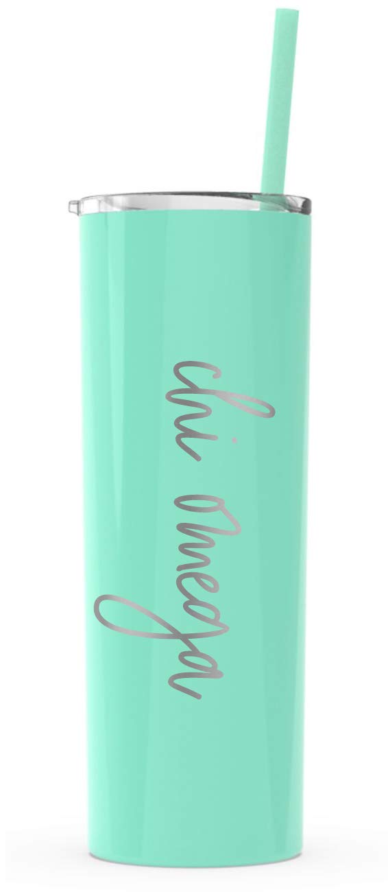 Greek Chic Chi Omega Laser Engraved Skinny Tumbler with Straw - 20oz Insulated Stainless Steel Travel Mug for Sorority Sisters - Perfect for College, Gym & Everyday Use (Mint Green)