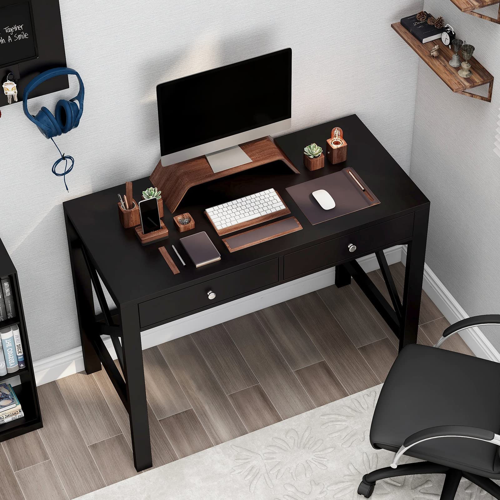 Modern Black Home Office Desk with Drawers - Writing Computer Desk & Makeup Vanity Table - Perfect for Small Spaces, Remote Work & Beauty Routines